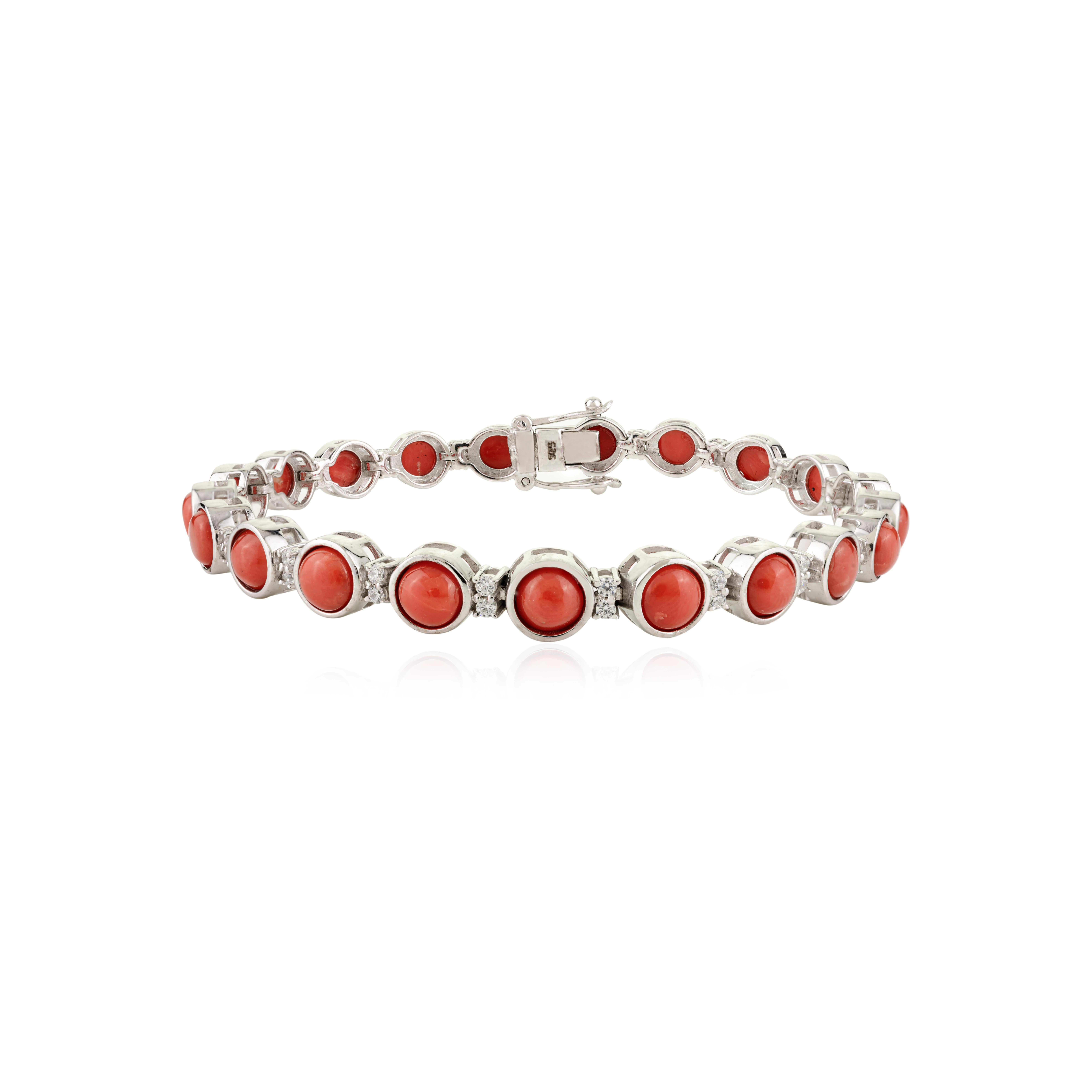 Pulsera de Tenis de Plata 925 con Cabujón de Coral Italiano Naranja y Piedra Redonda de Circón en venta 1