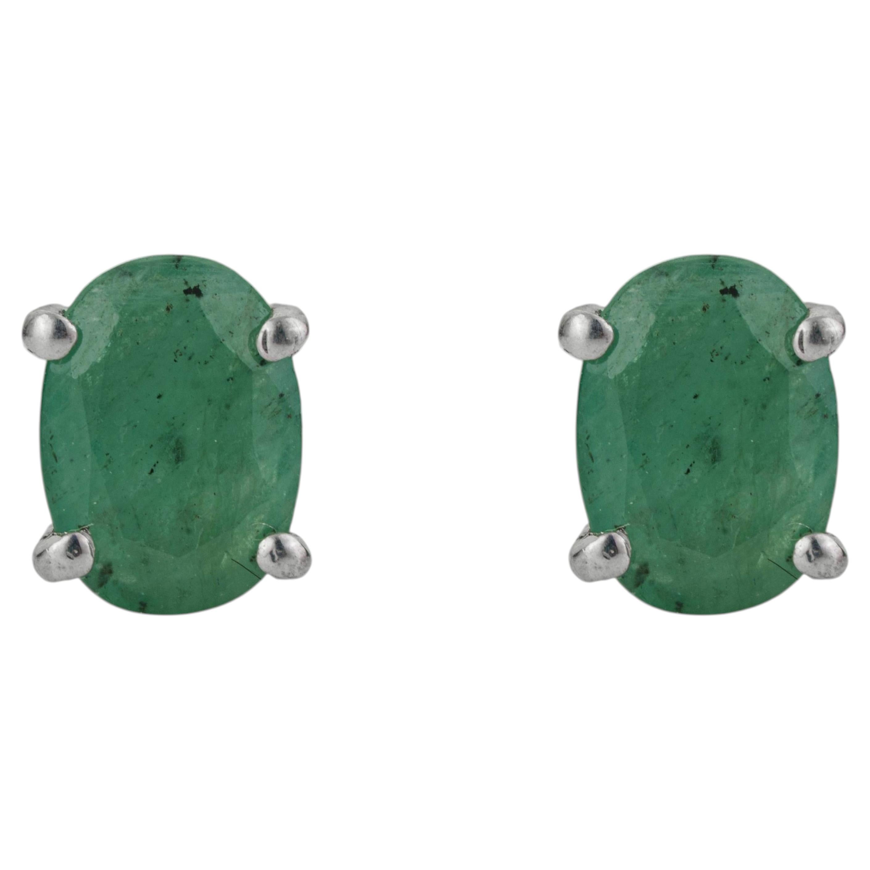 925 Silver Oval Cut Emerald May Birthstone Solitaire Stud Earrings by Silvorra