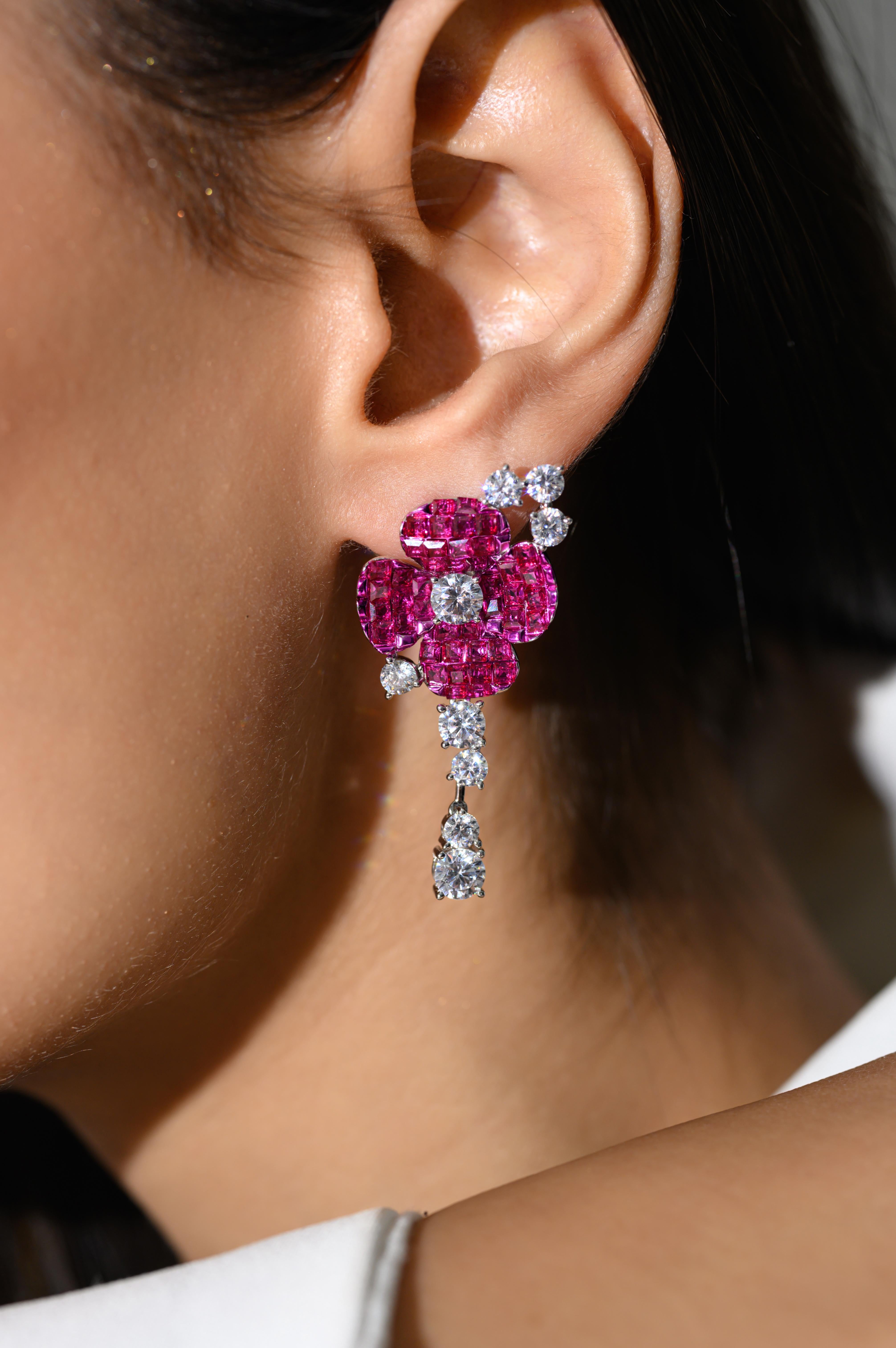 Pink Color Rhinestone Flower Drop Earrings in sterling silver. You shall need these statement drop earrings to make a statement with your look. Each piece features dazzling cubic zirconia stones, renowned for their brilliance and clarity, set in