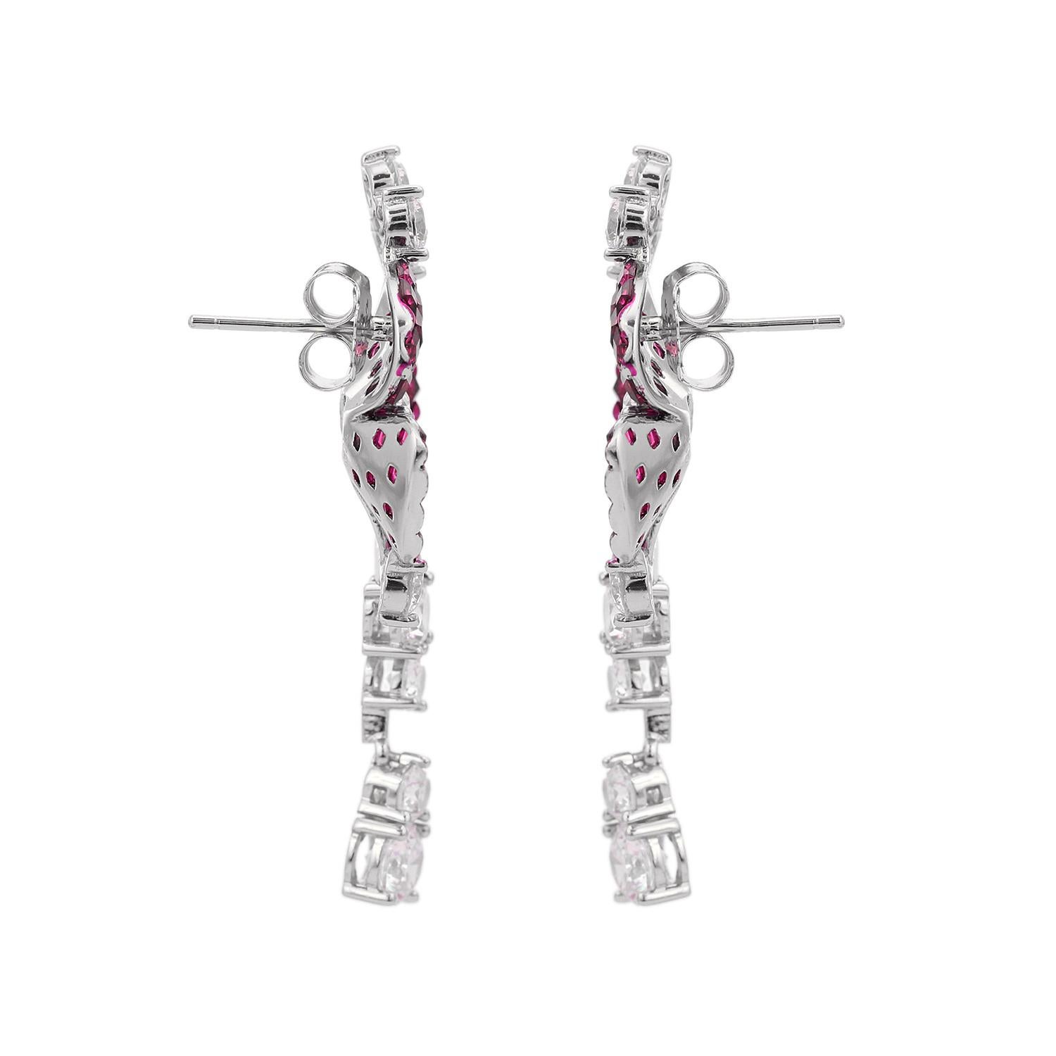 925 Silver Pink Color Rhinestone Flower Drop Earrings for Luxury Jewelry Gift In New Condition For Sale In New York, NY