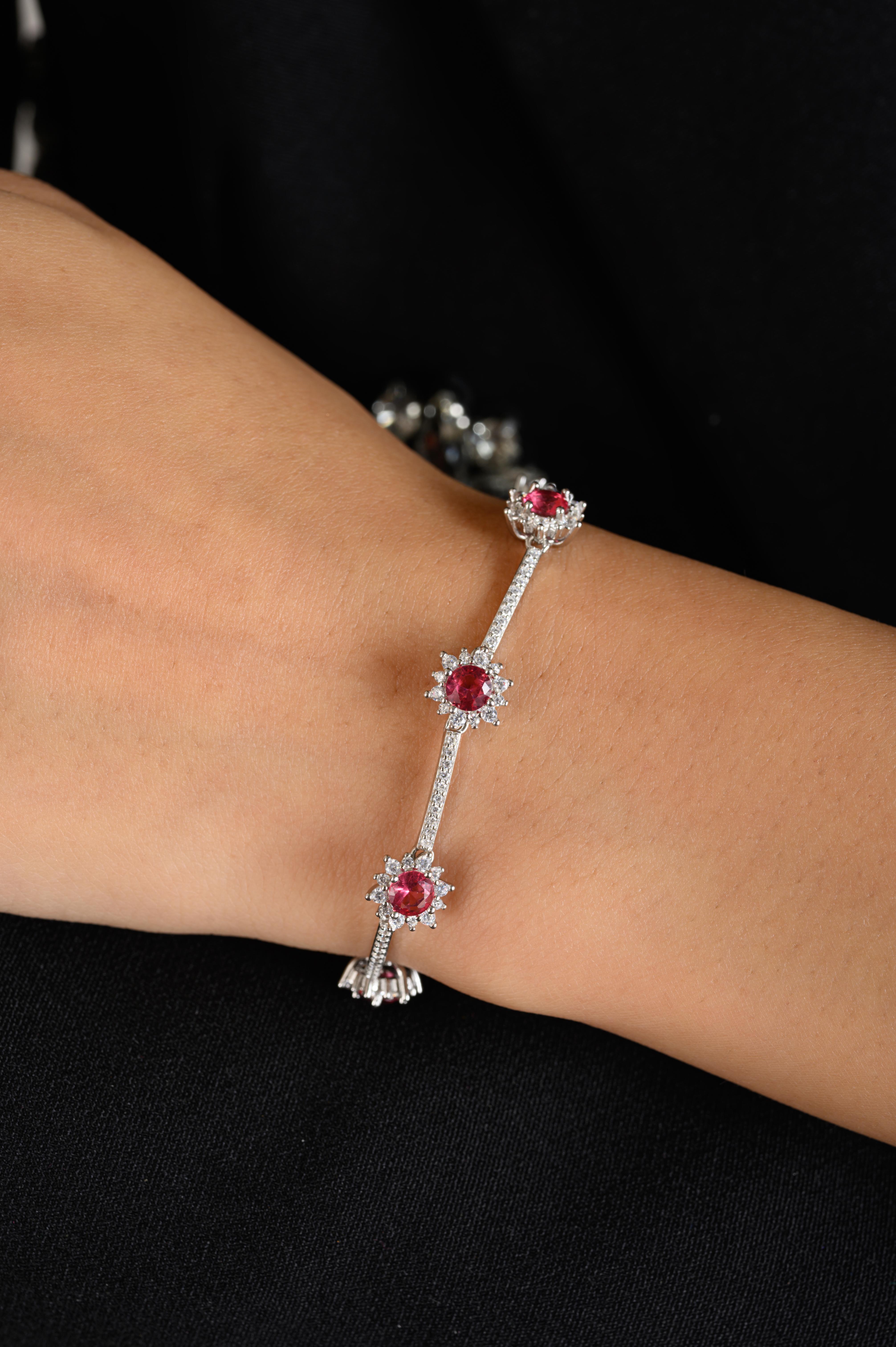 Radiant Pink Color Zircon Helo Chain Bracelet for Her in sterling silver. You shall need statement chain bracelet to make a statement with your look. Each piece features dazzling cubic zirconia stones, renowned for their brilliance and clarity, set