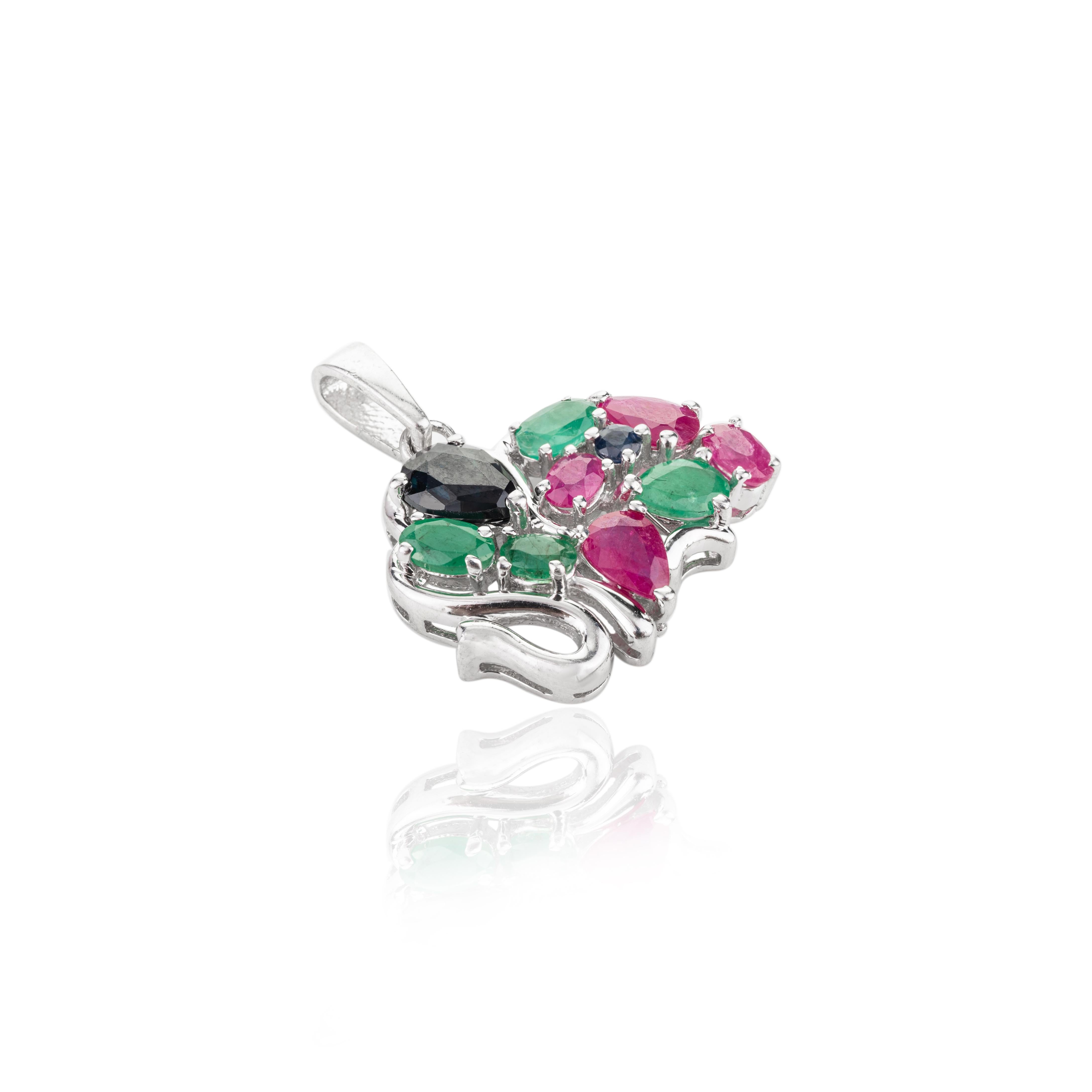 Art Deco 925 Silver Real Emerald, Ruby and Sapphire Elephant Pendant Gift for Her For Sale