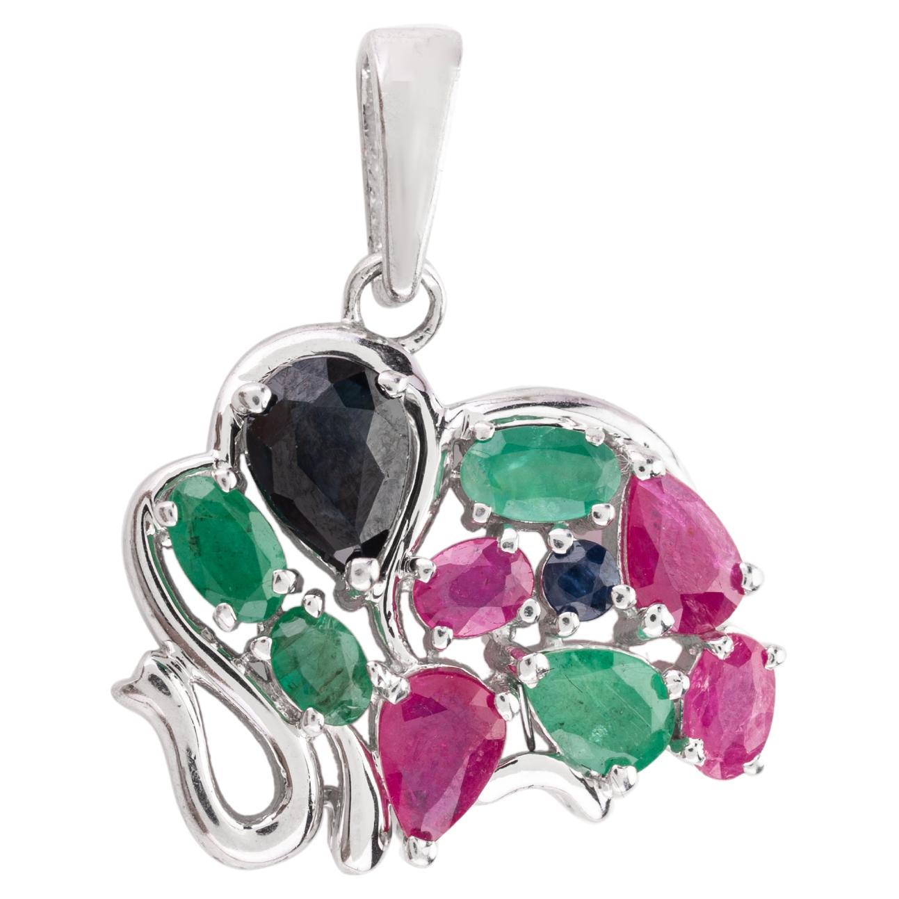 925 Silver Real Emerald, Ruby and Sapphire Elephant Pendant Gift for Her For Sale