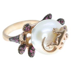 925 Silver Ring with a Cultured Pearl, Cubic Zirconia and a Lizard