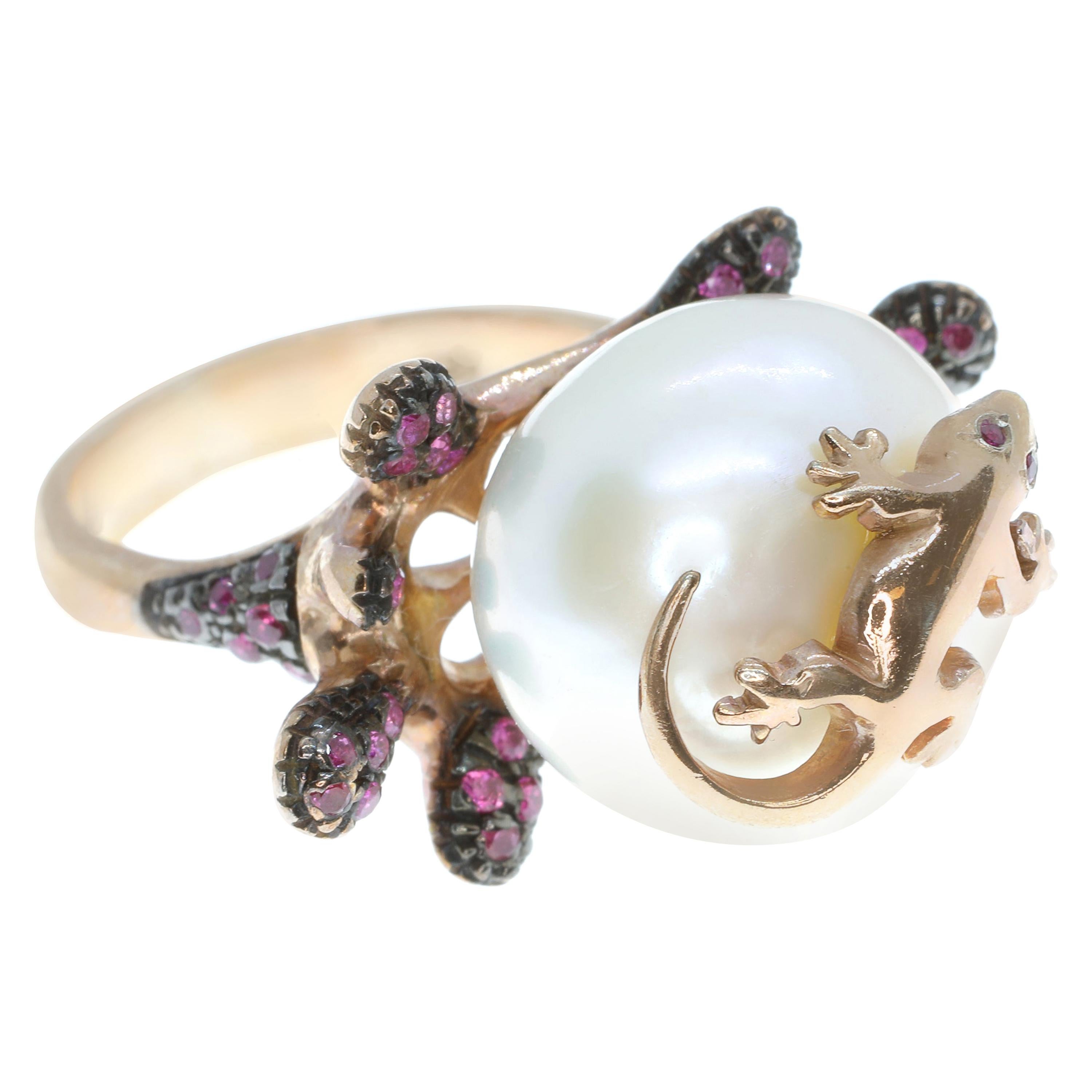 21st Century 925 Silver with Cultured Pearl Cubic Zirconia and Lizard Ring For Sale