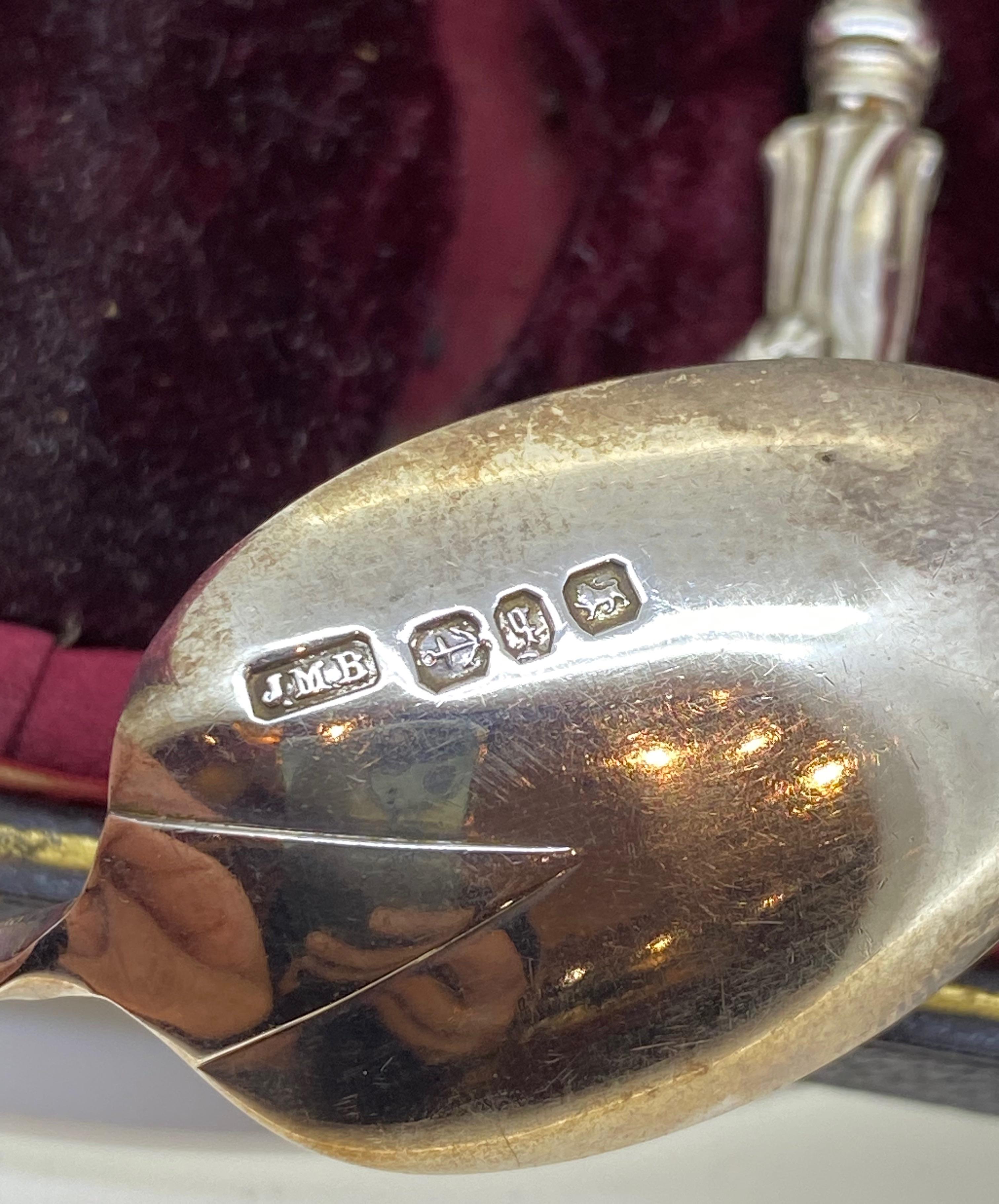 Rare Antique English 925 Silver Spoon Set, 
comprising of 6 tea spoons 
tongs
by the same maker 
bearing English hallmarks, 
featuring stems of fine workmanship 

Each spoon is bearing hallmarks: 
Birmingham, letter date for 1898 &