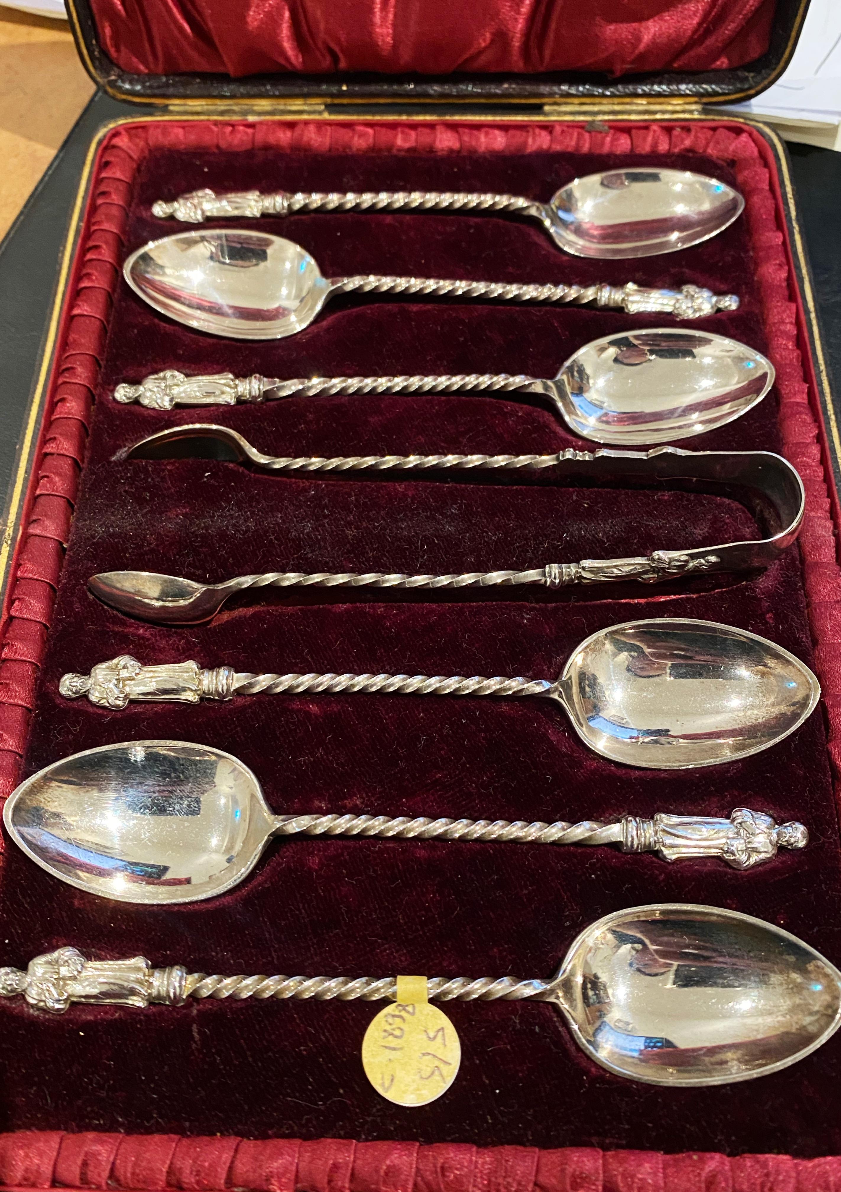 925 Silver Set of Tea Spoons (x 6) & Tongs, Birmingham, c1898, 