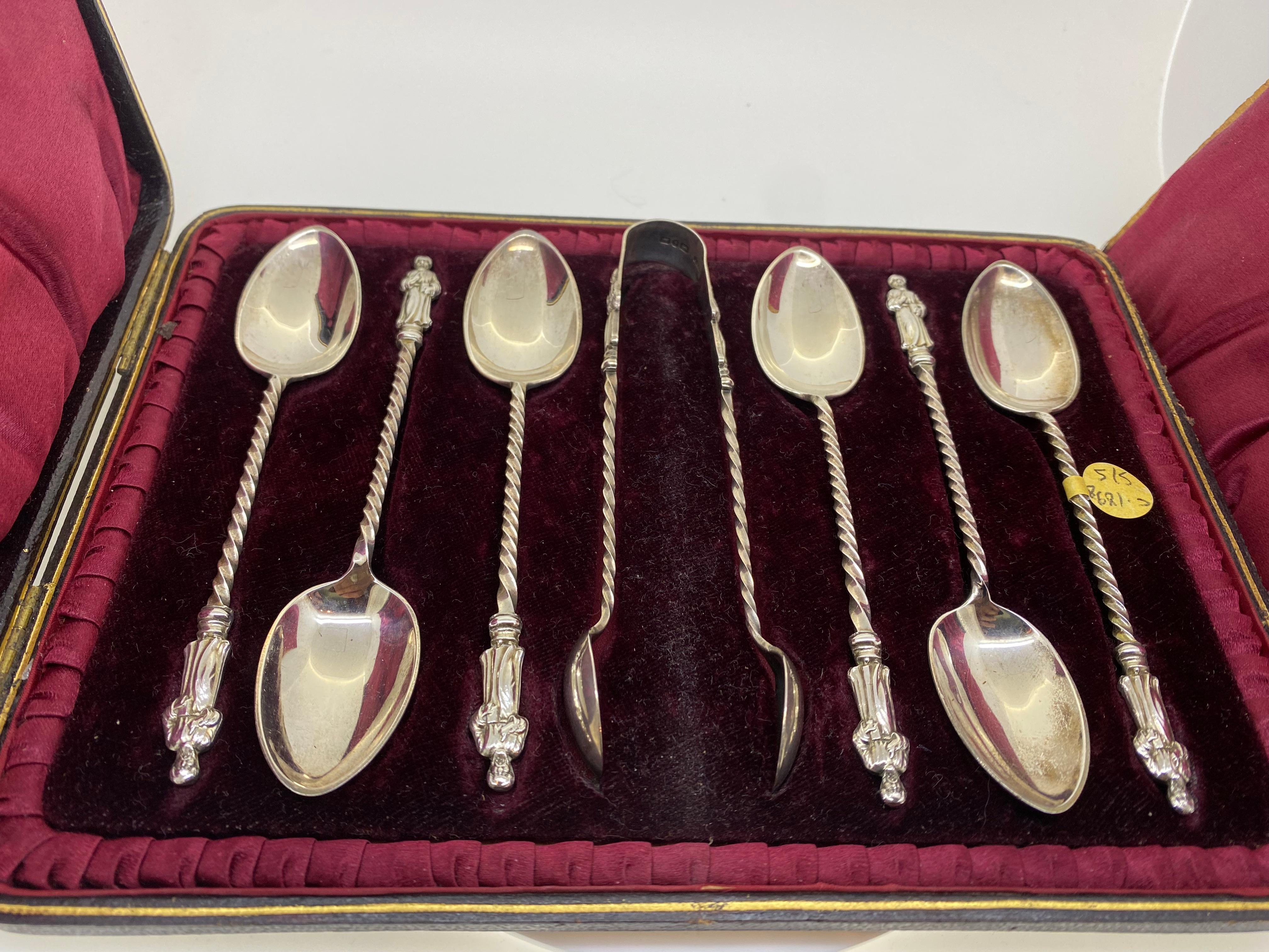 da uomo o donna 925 Silver Set of Tea Spoons (x 6) & Tongs, Birmingham, c1898, 
