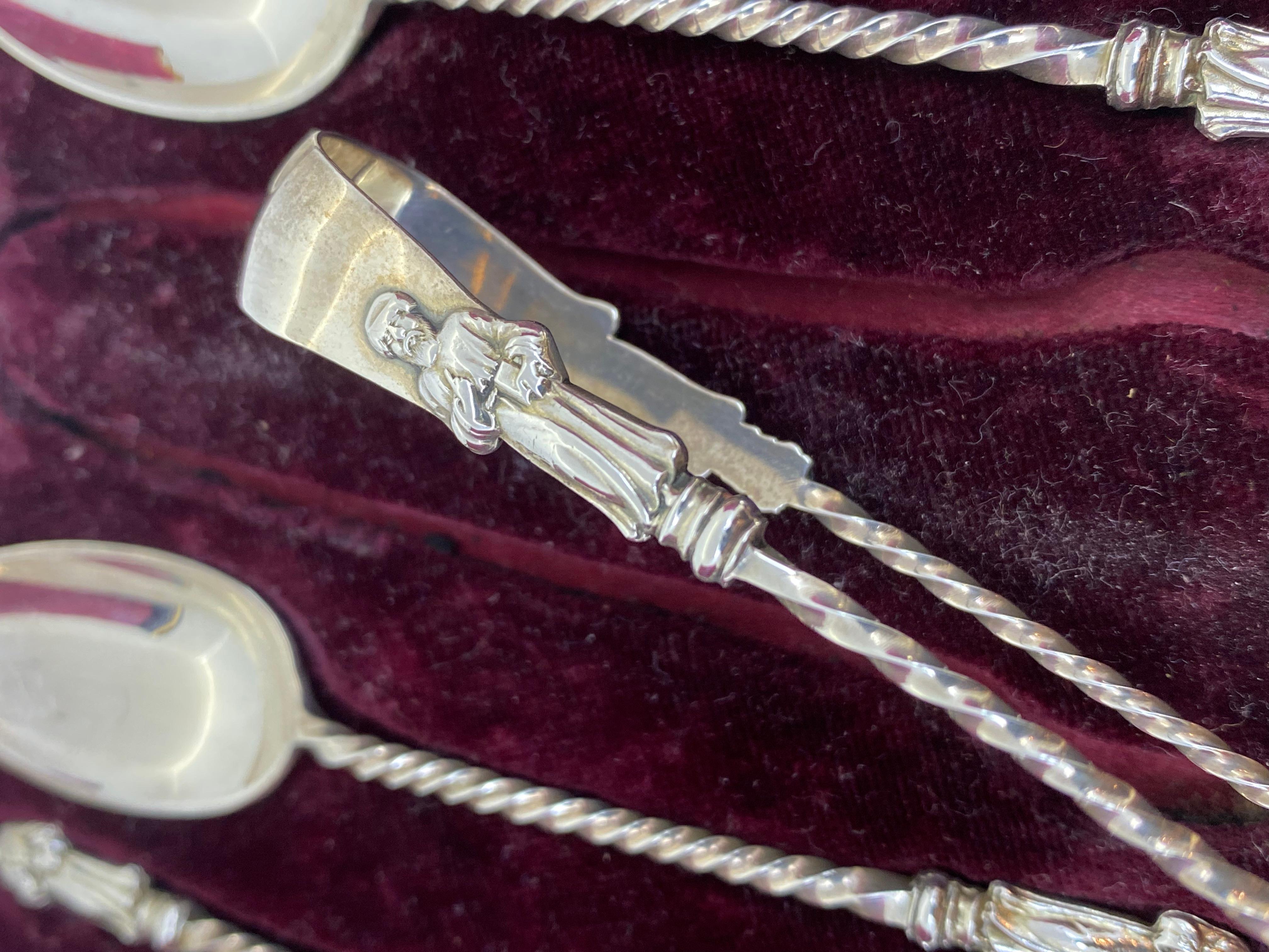 925 Silver Set of Tea Spoons (x 6) & Tongs, Birmingham, c1898, 