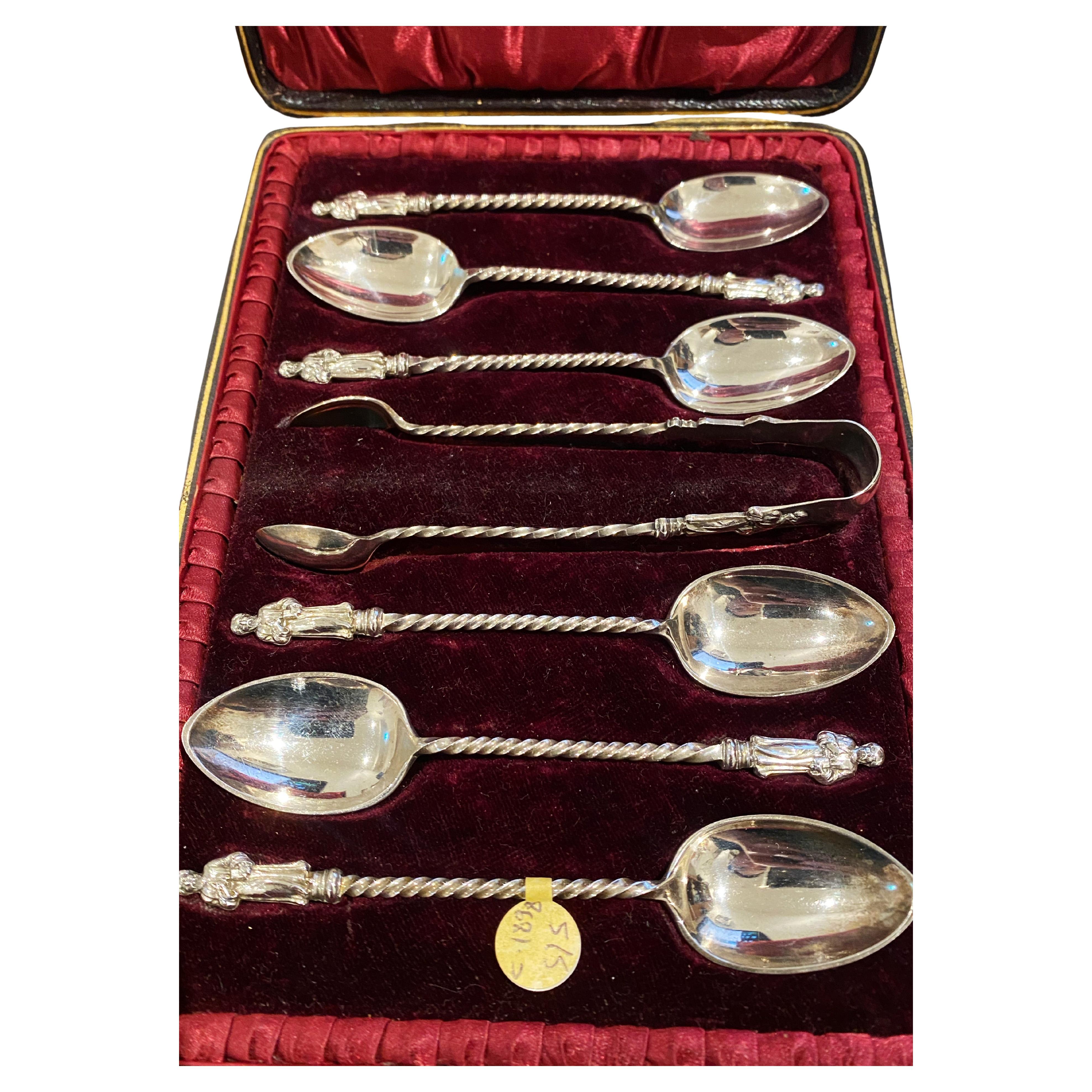 925 Silver Set of Tea Spoons (x 6) 
Tongs, Birmingham, c1898, "J.M.B." 110gr.