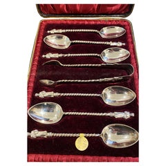 925 Silver Set of Tea Spoons (x 6) & Tongs, Birmingham, c1898, "J.M.B." 110gr.