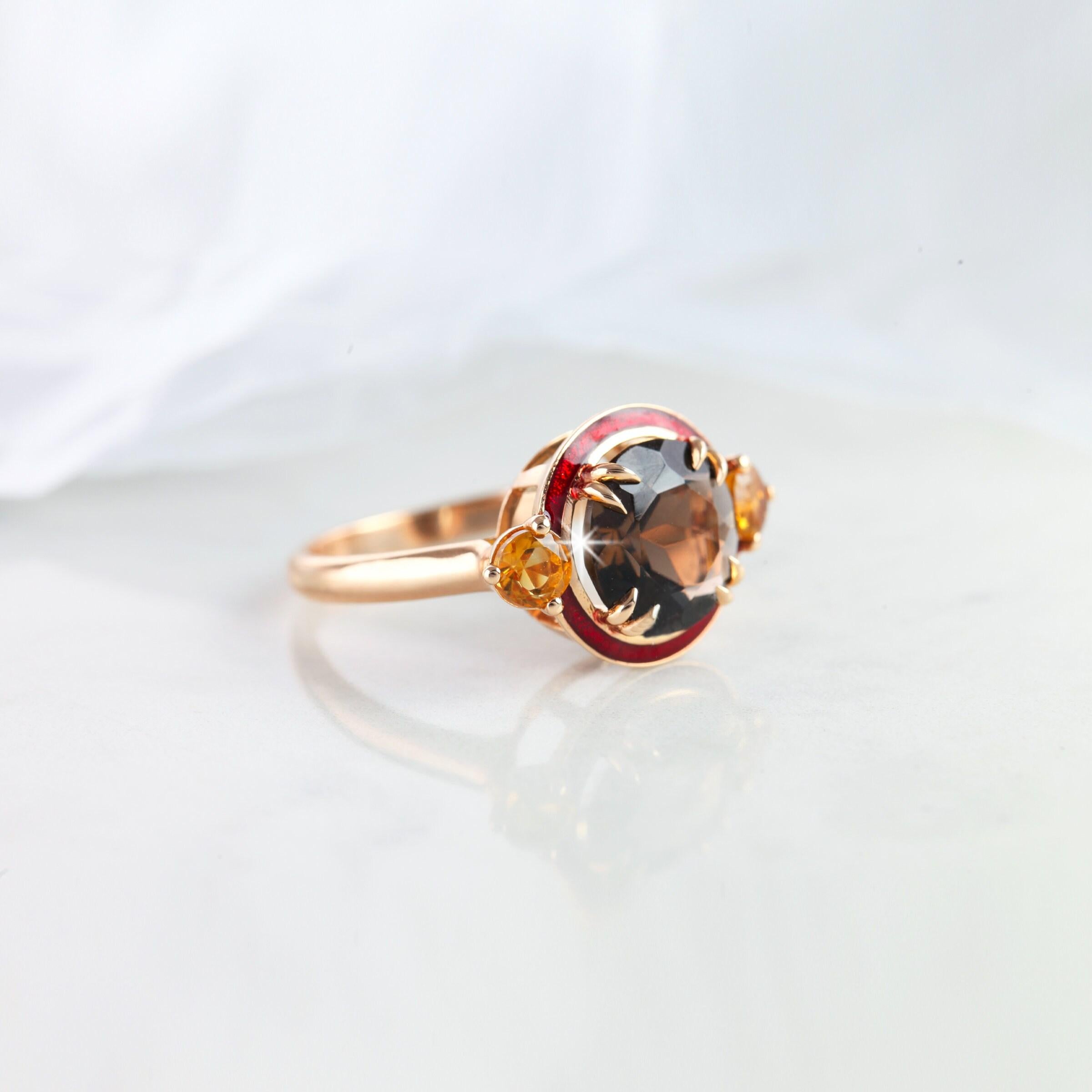 Women's 925 Silver Smoky Topaz and Citrine Red Enameled Art Deco Haute Couture  Ring For Sale