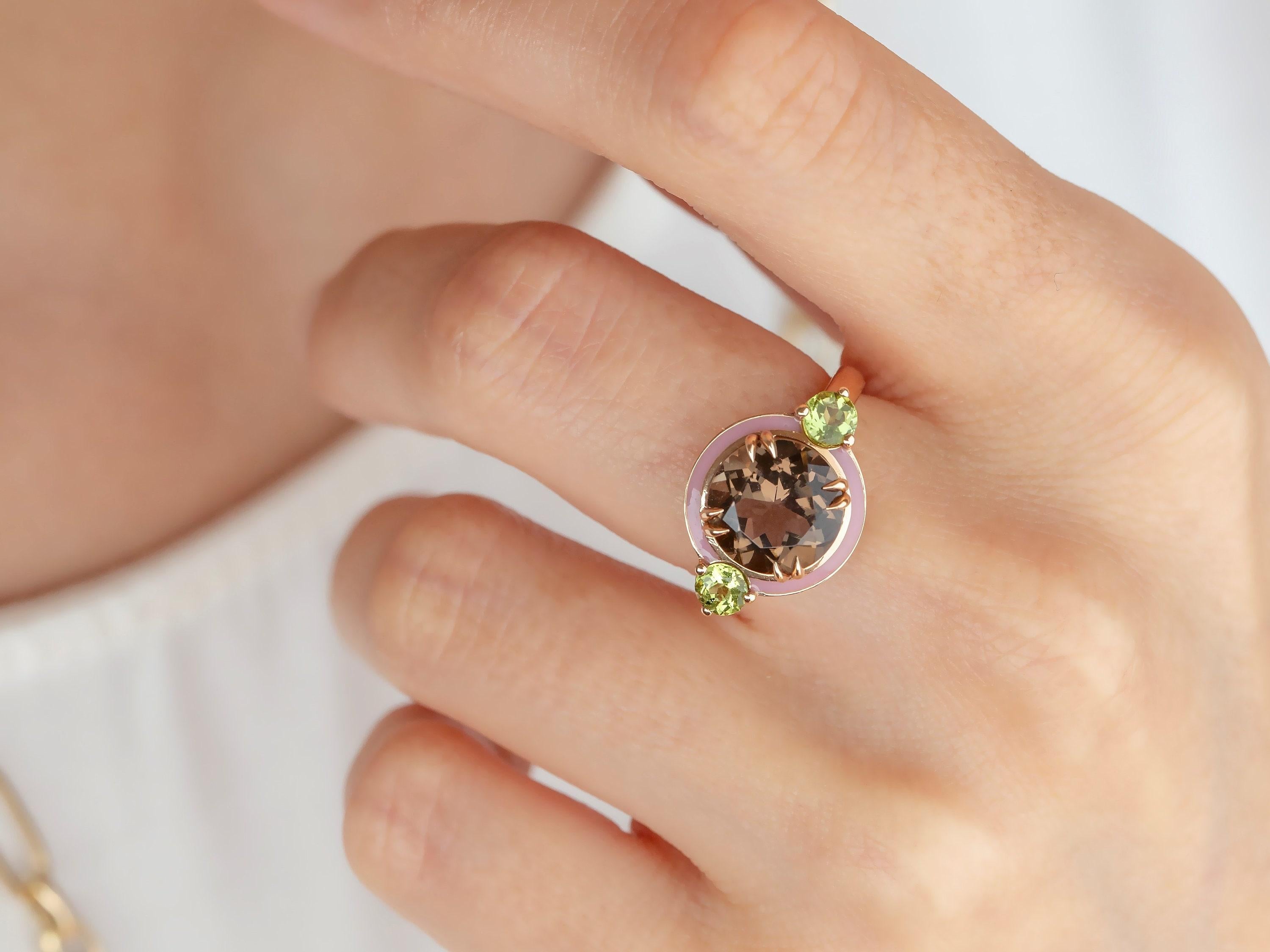 925 Silver Smoky Topaz and Citrine Red Enameled Art Deco Haute Couture  Ring For Sale 2