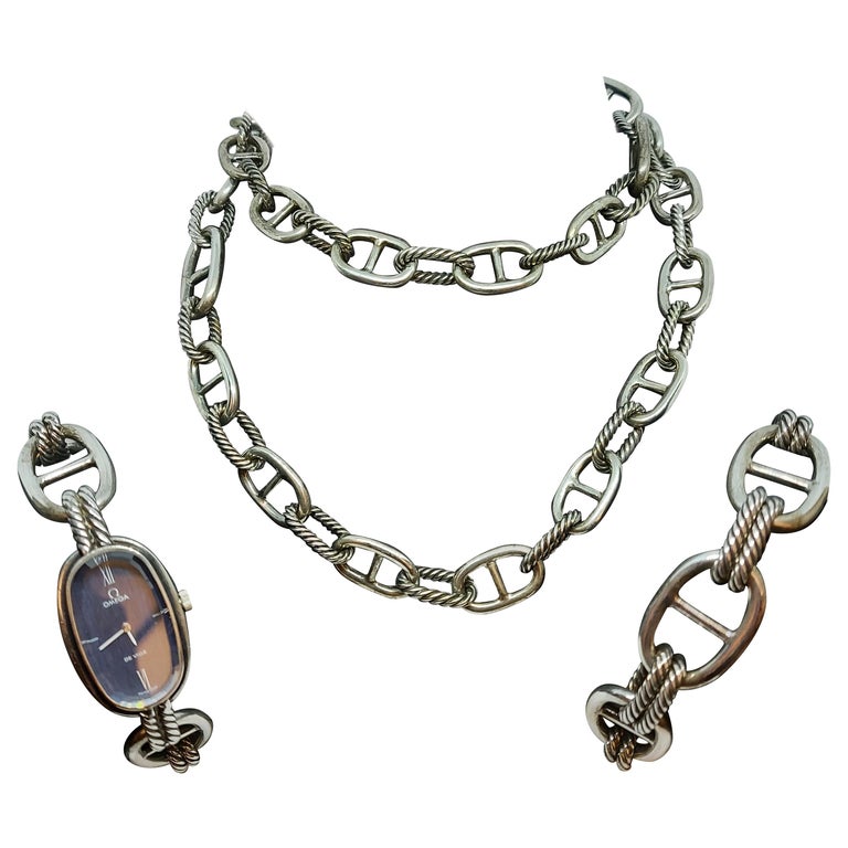 925 Silver Vintage Set Omega De Ville Watch, Bracelet, Necklace from 1970s For Sale