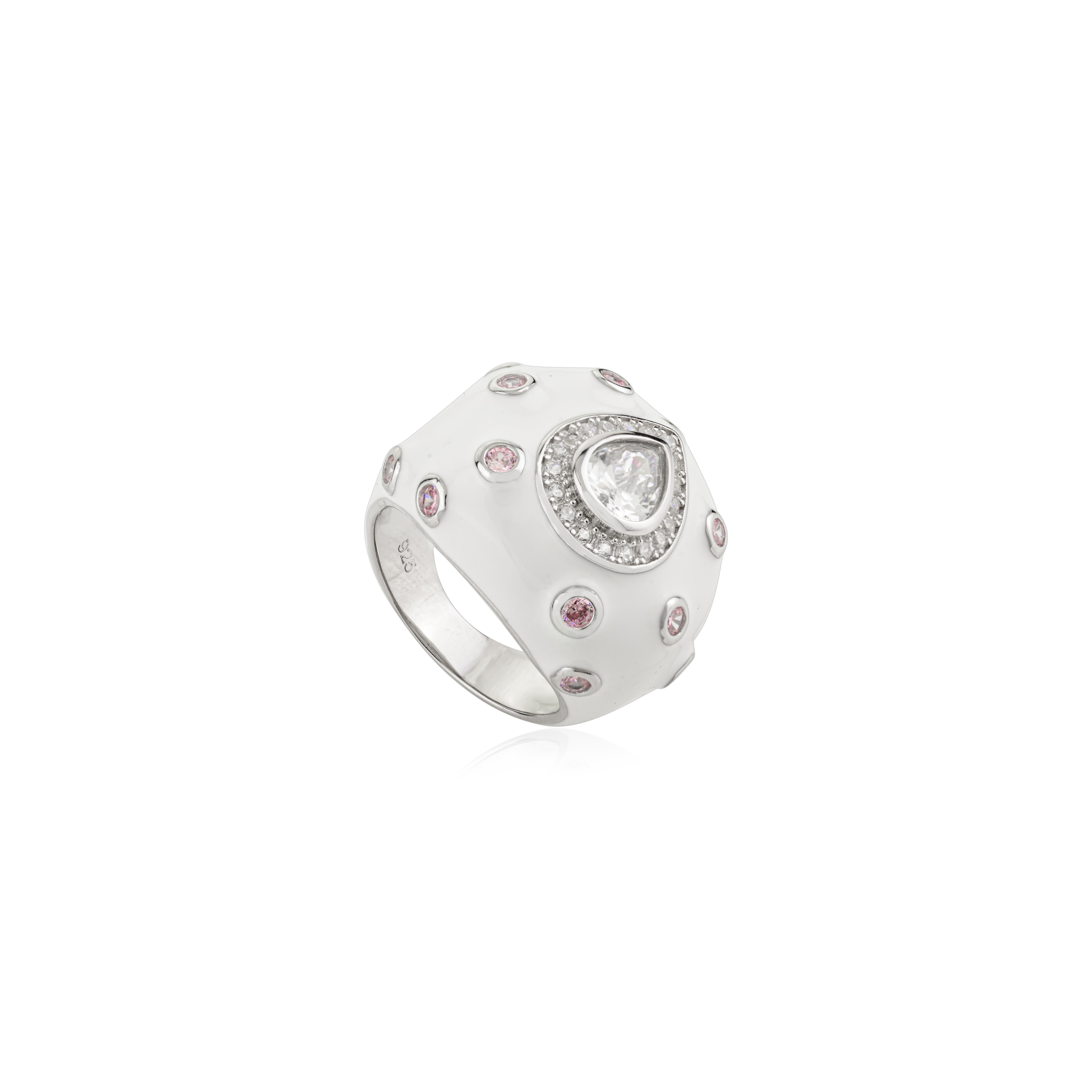 For Sale:  925 Silver White Enamel Bombe Band Ring with Sparkling Teardrop Center Stone 3