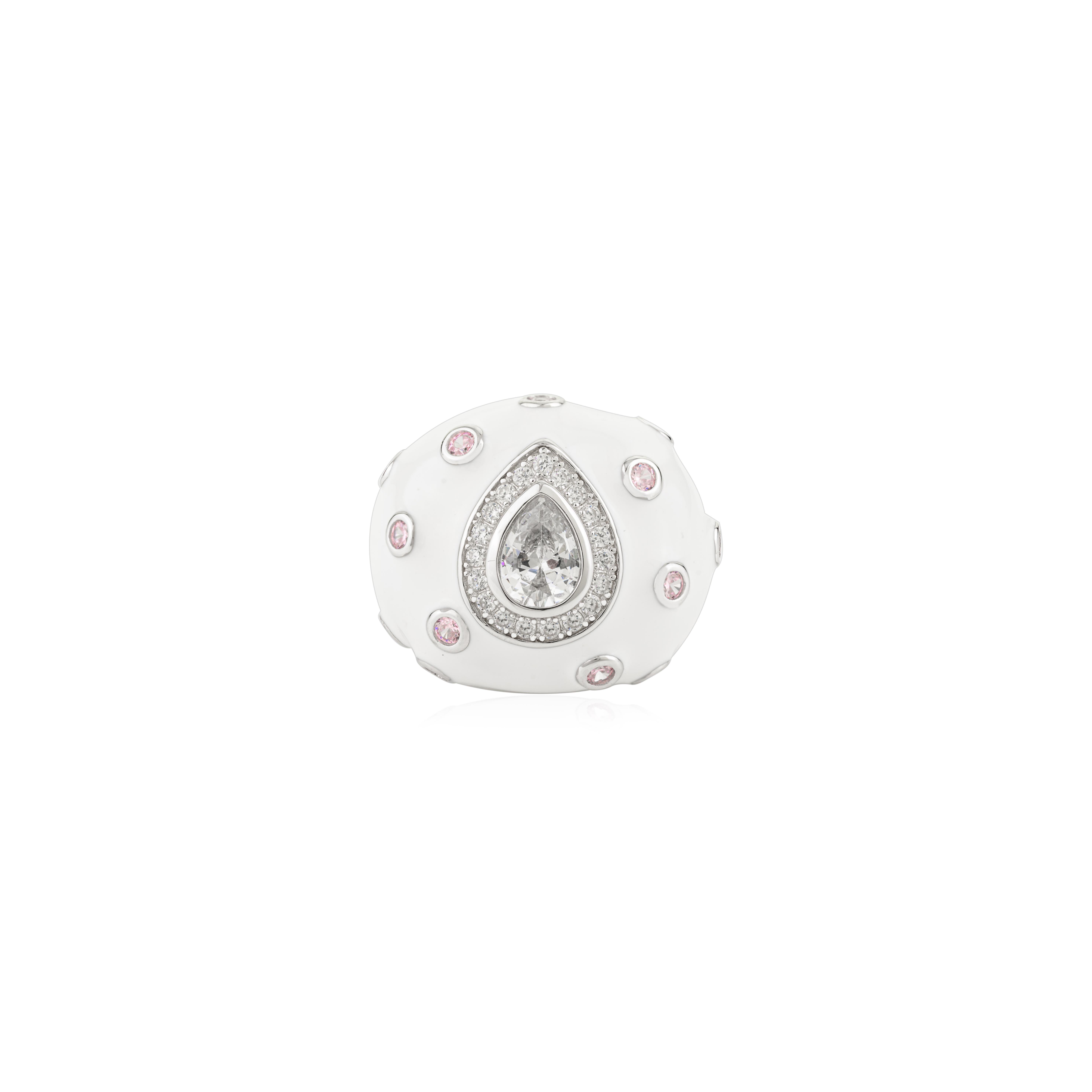 For Sale:  925 Silver White Enamel Bombe Band Ring with Sparkling Teardrop Center Stone 5