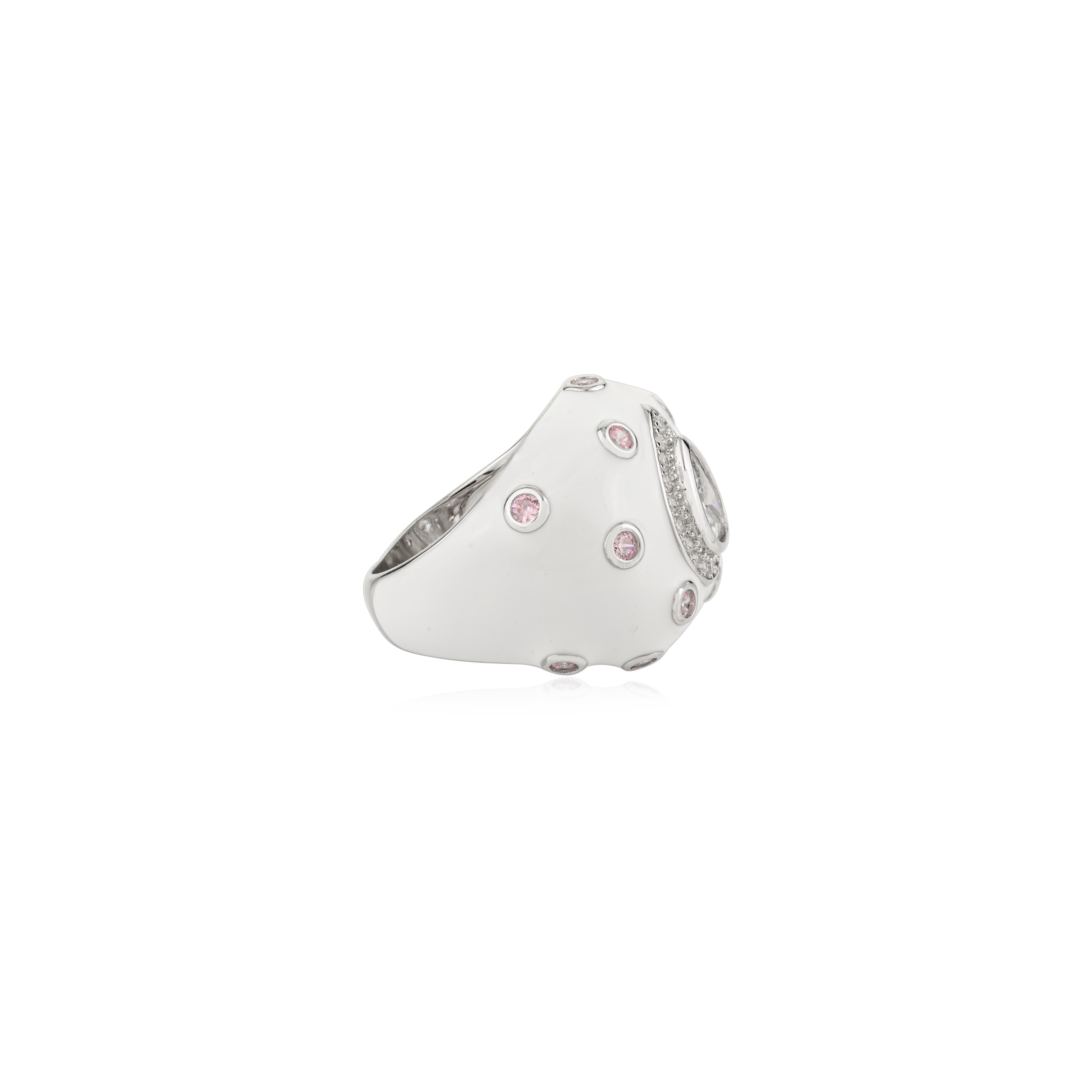 For Sale:  925 Silver White Enamel Bombe Band Ring with Sparkling Teardrop Center Stone 7