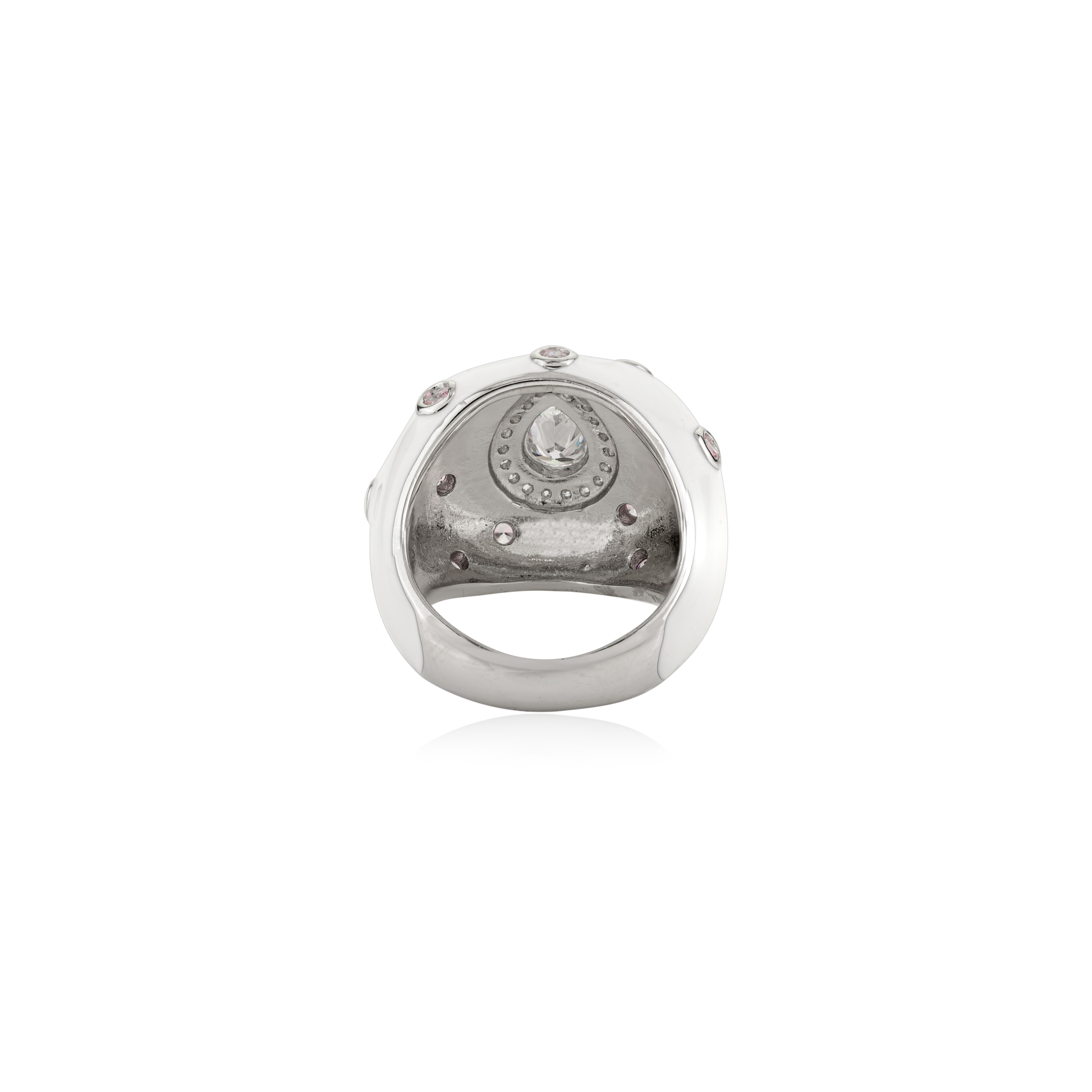 For Sale:  925 Silver White Enamel Bombe Band Ring with Sparkling Teardrop Center Stone 9