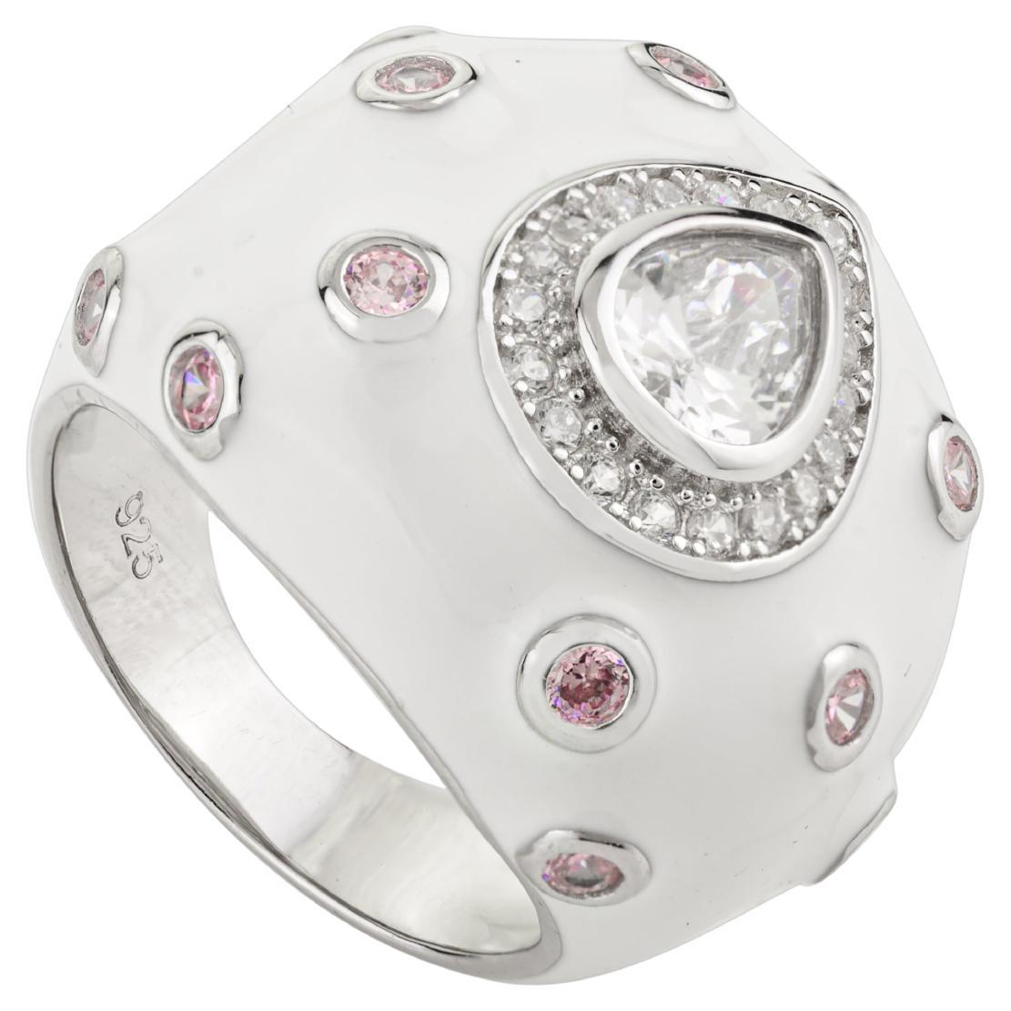 For Sale:  925 Silver White Enamel Bombe Band Ring with Sparkling Teardrop Center Stone