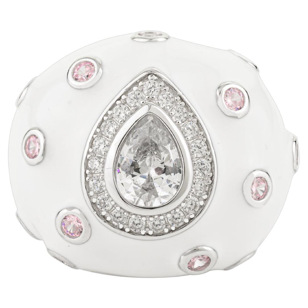 En vente :  Bague en argent 925 à bombe en émail blanc avec pierre centrale en forme de goutte d'eau Whiting Stone