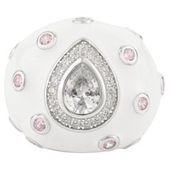 925 Silver White Enamel Bombe Band Ring with Sparkling Teardrop Center Stone
