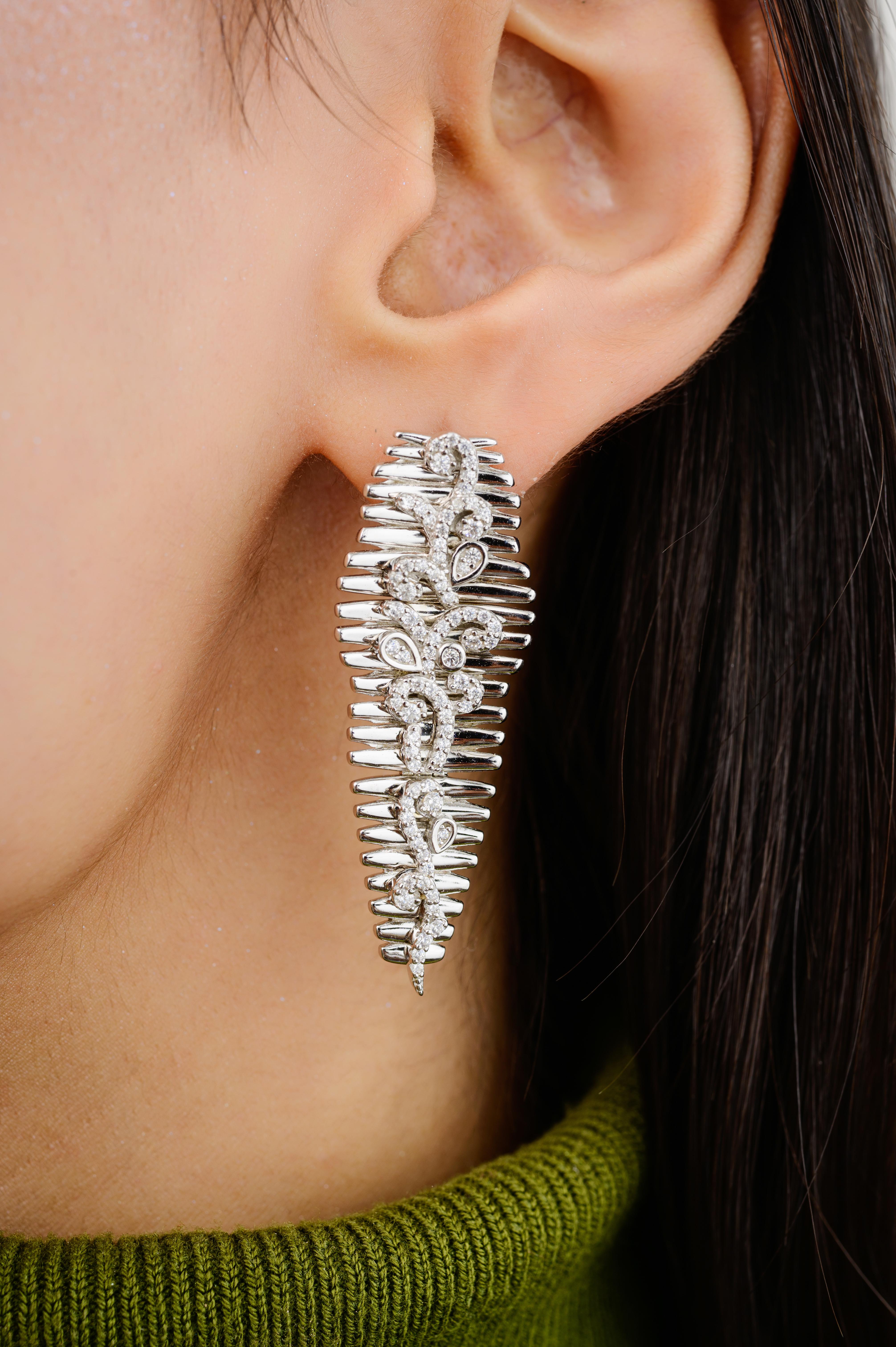 Zircon Feather Partywear Dangle Earrings in sterling silver. You shall need these dangle earrings to make a statement with your look. Each piece features dazzling cubic zirconia stones, renowned for their brilliance and clarity, set in high-quality