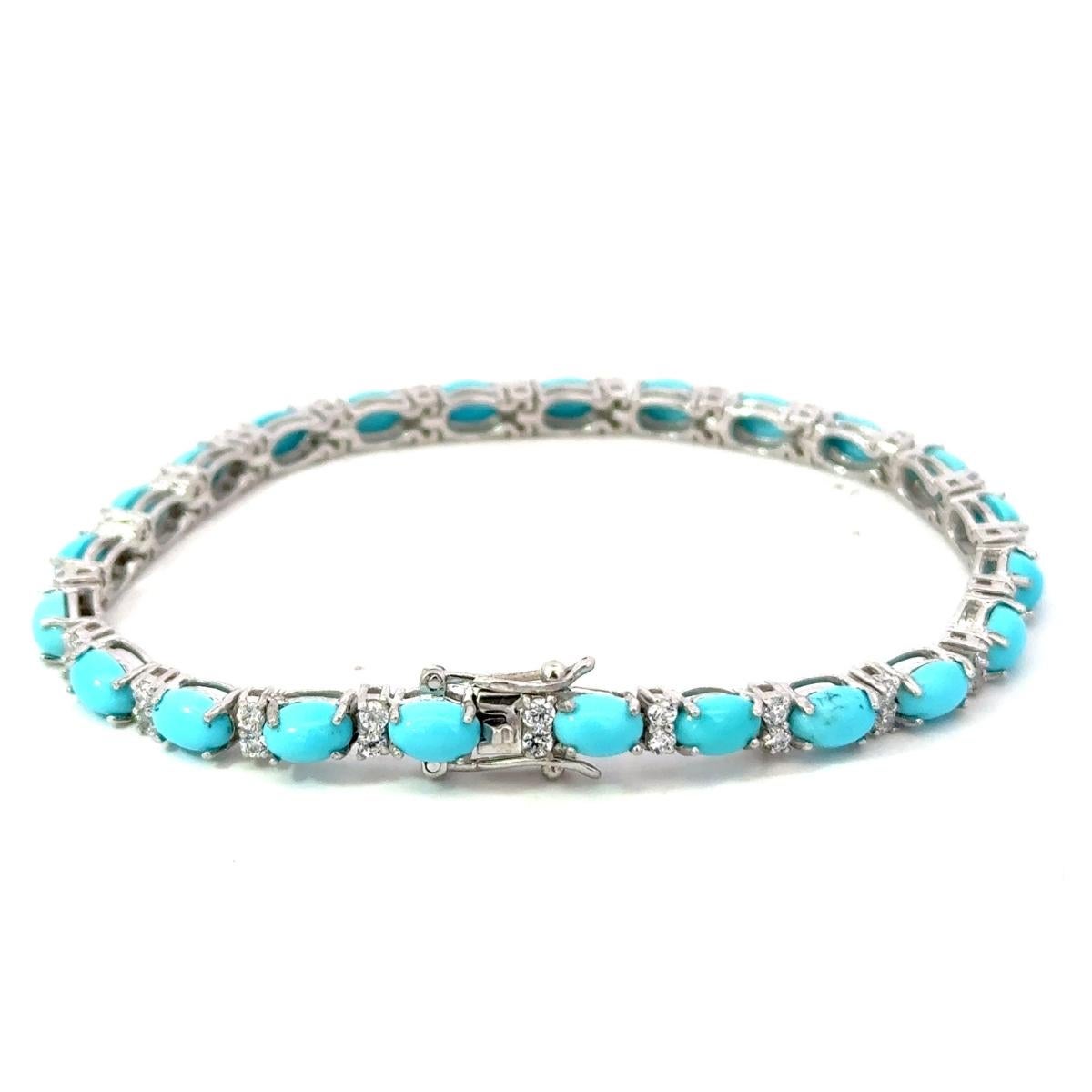Art Nouveau 925 Solid Silver Sky Blue Turquoise Tennis Bracelet for Wedding Anniversary Gift For Sale