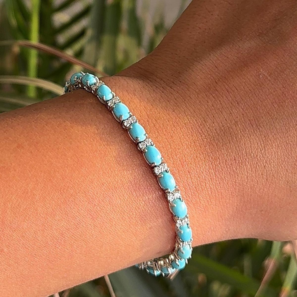 Mixed Cut 925 Solid Silver Sky Blue Turquoise Tennis Bracelet for Wedding Anniversary Gift For Sale