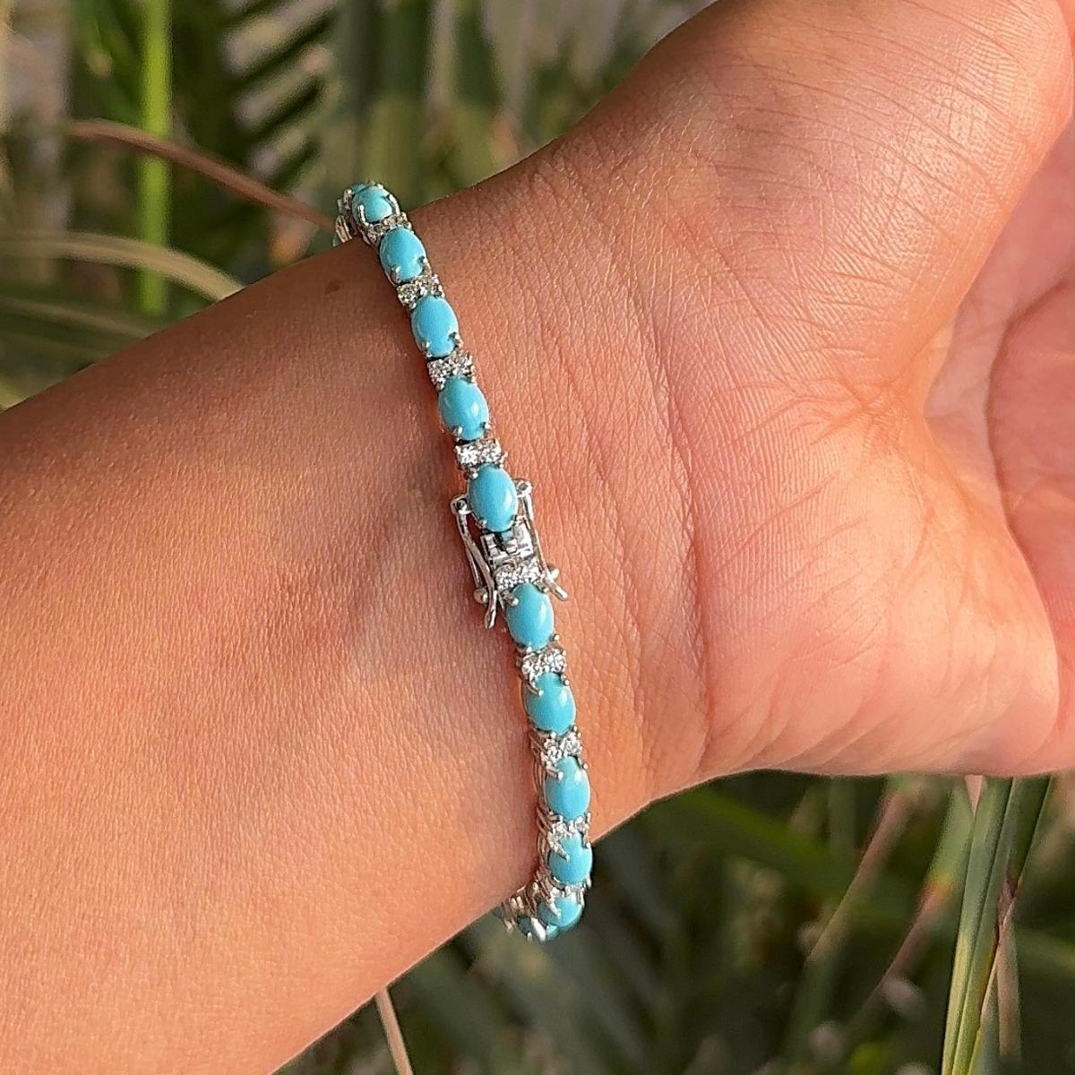 Women's 925 Solid Silver Sky Blue Turquoise Tennis Bracelet for Wedding Anniversary Gift For Sale