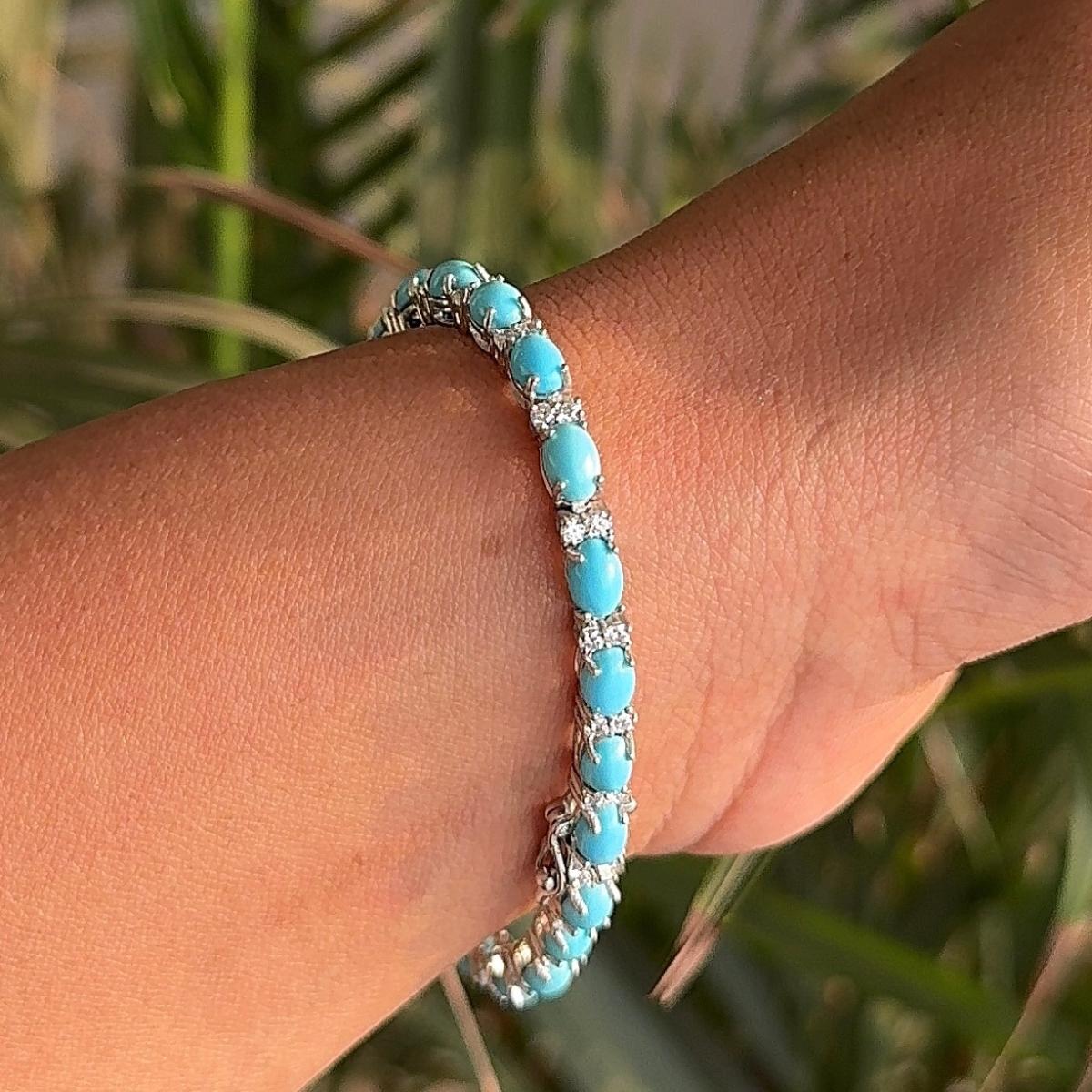 925 Solid Silver Sky Blue Turquoise Tennis Bracelet for Wedding Anniversary Gift For Sale 1