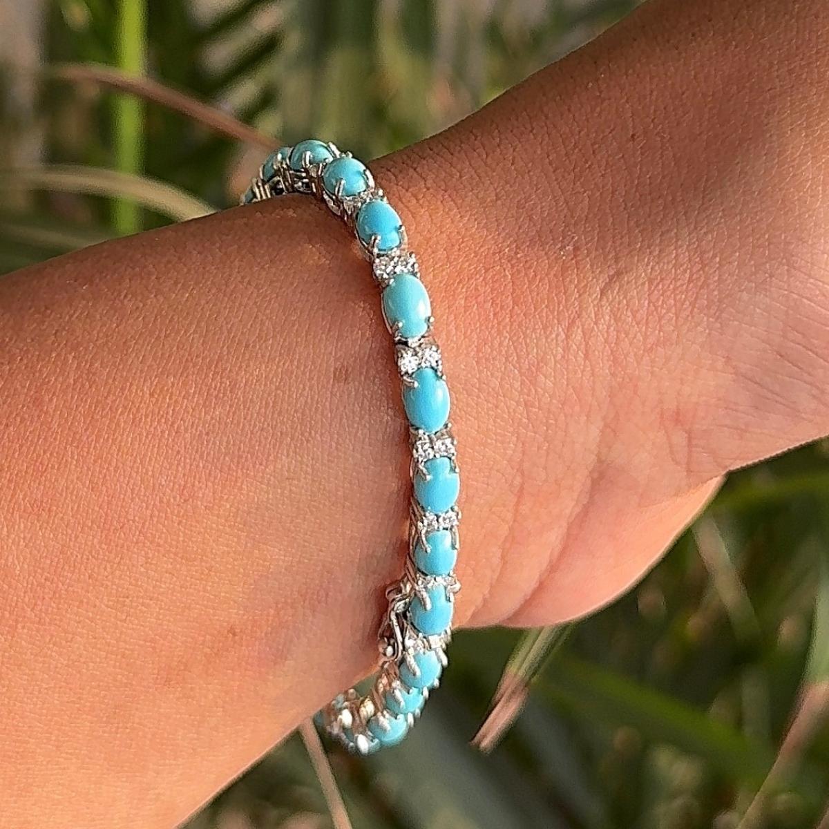 925 Solid Silver Sky Blue Turquoise Tennis Bracelet for Wedding Anniversary Gift For Sale 3