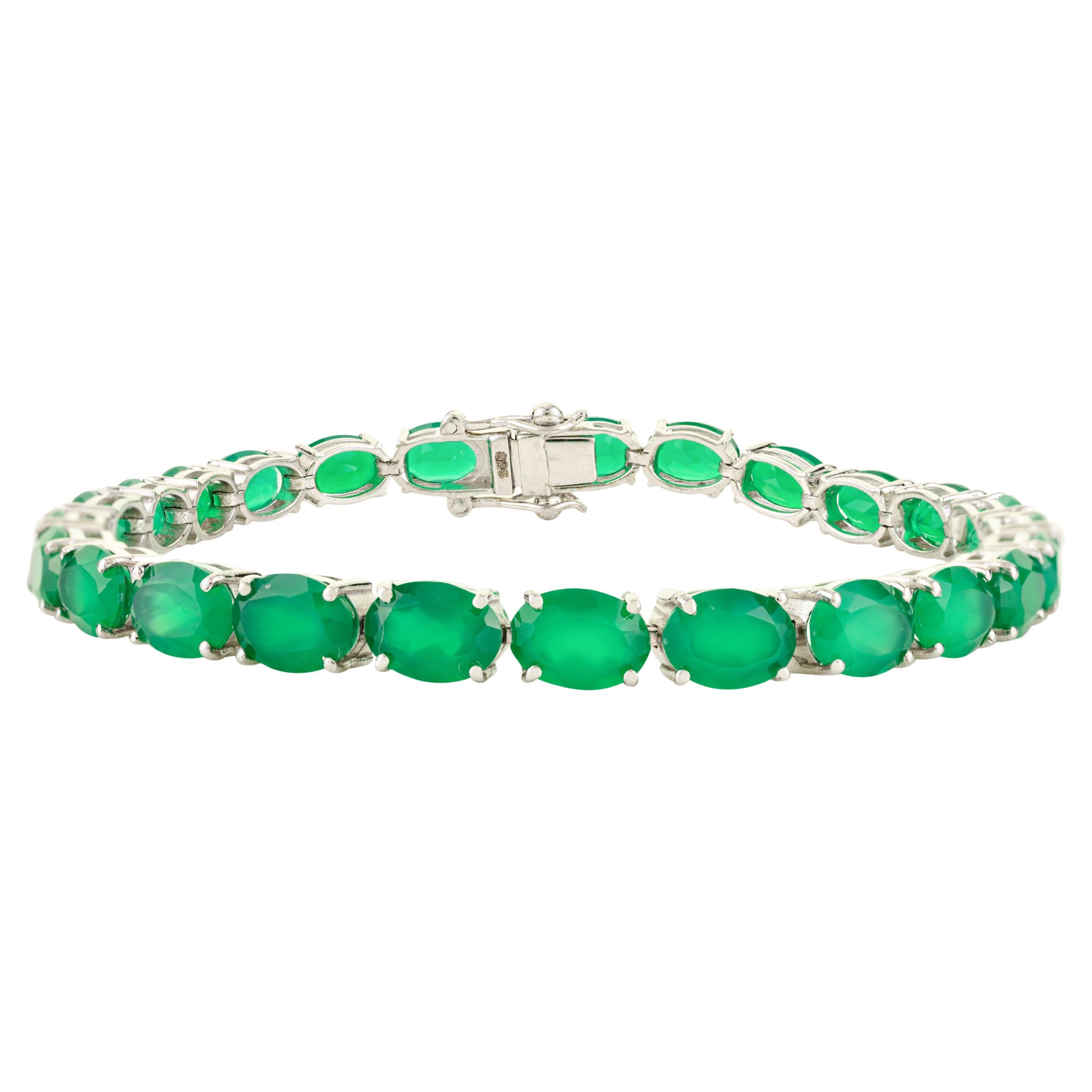 925 Solid Silver Tennis Bracelet Featuring 17.41 Carat Oval Cut Natural Emerald