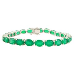 925 Solid Silver Tennis Bracelet Featuring 17.41 Carat Oval Cut Natural Emerald