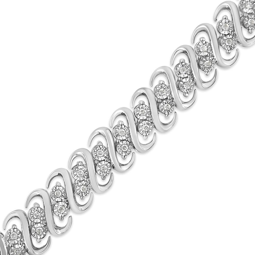 Round Cut .925 Sterling 1/2 Carat Diamond Double Row S-Link Bracelet For Sale