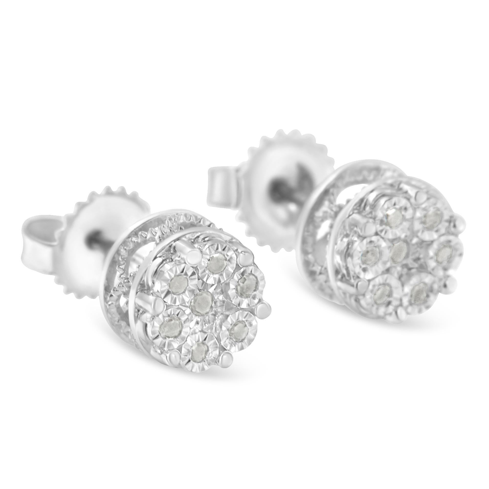 Modern .925 Sterling Silver 0.15 Cttw Diamond Cluster Stud Earrings For Sale
