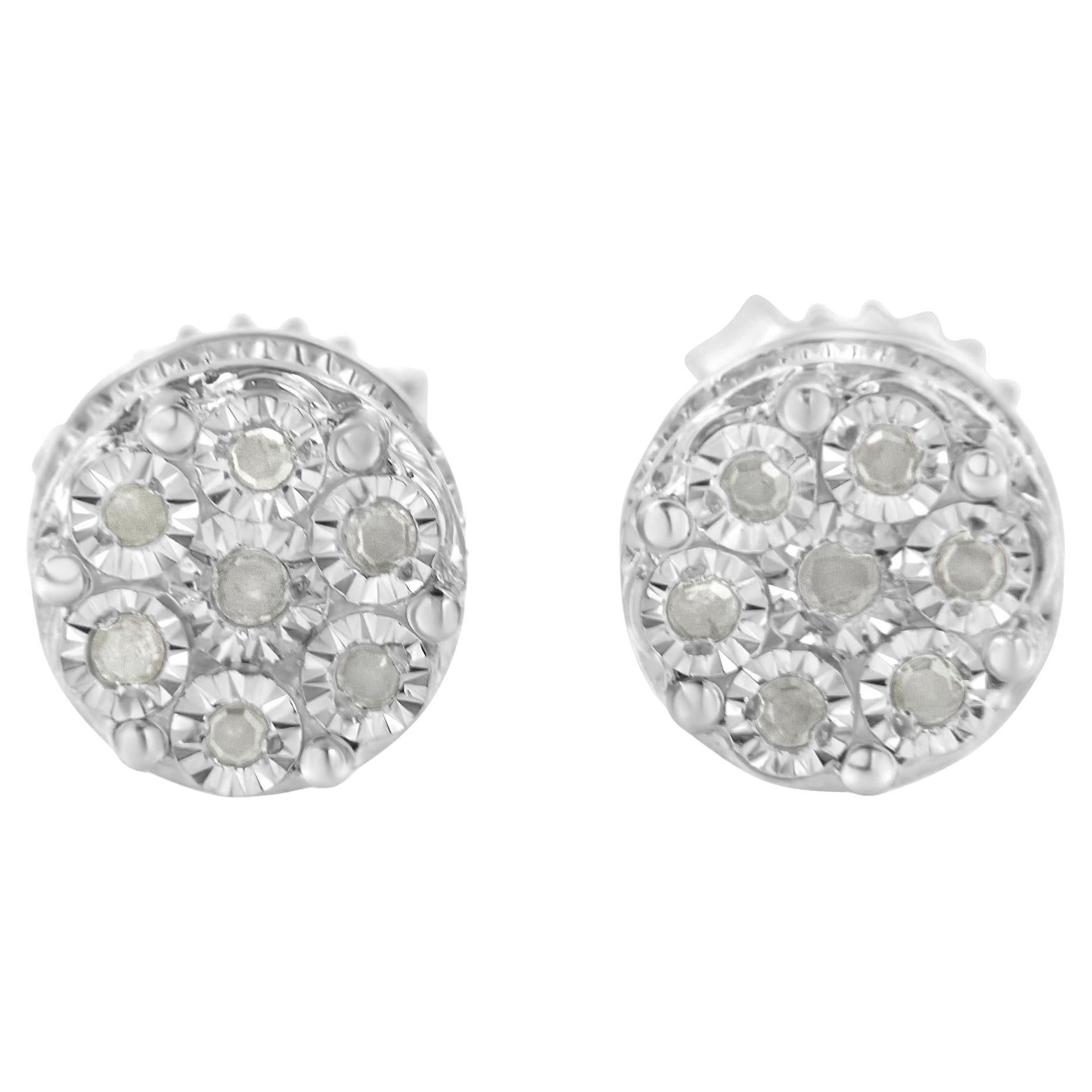 .925 Sterling Silver 0.15 Cttw Diamond Cluster Stud Earrings For Sale