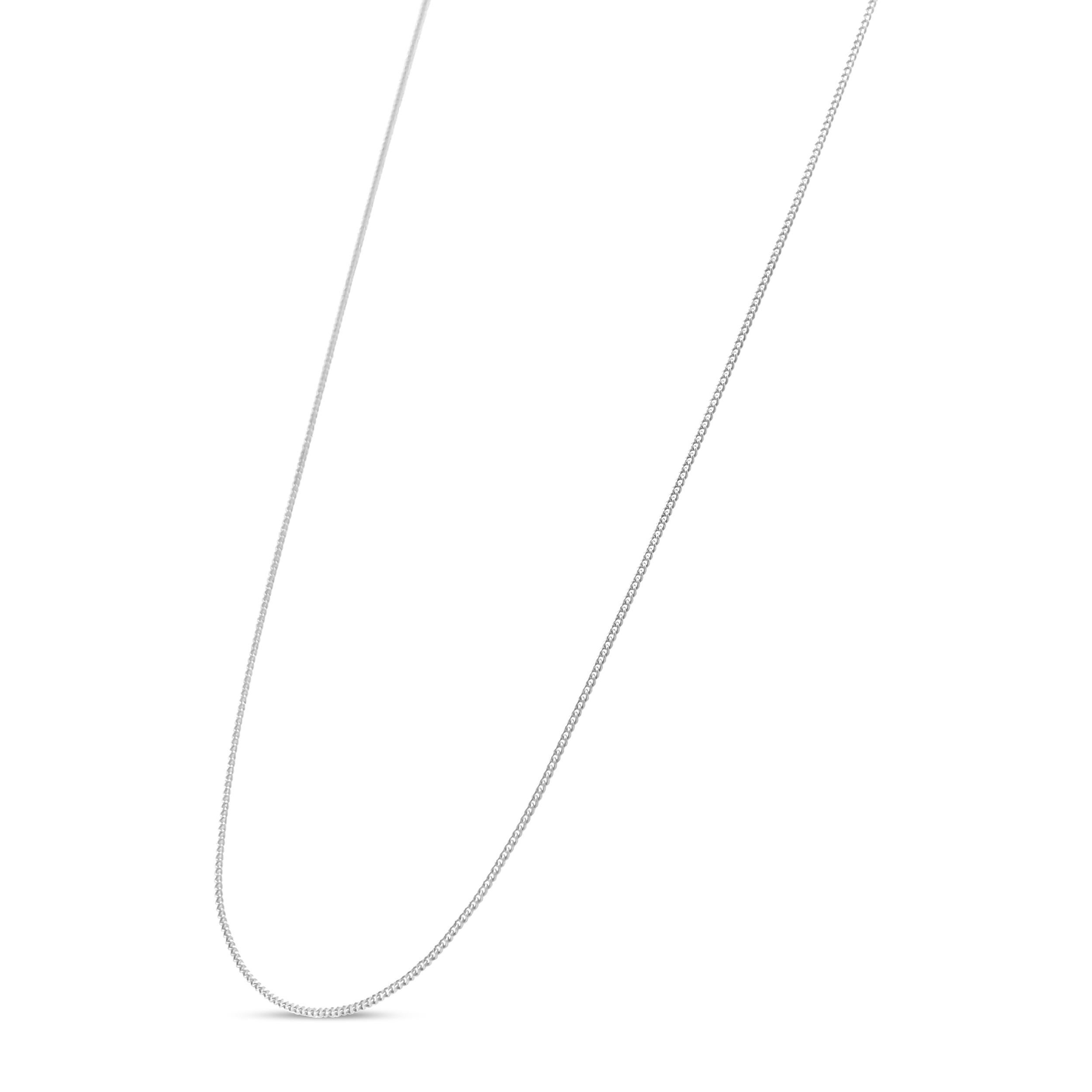 Presenting a feminine classic: a simple and dainty .925 sterling silver curb chain. This thin, .70 millimeter wide chain fastens securely with a standard spring ring clasp. It can replace most chains and is perfect paired with small to medium size