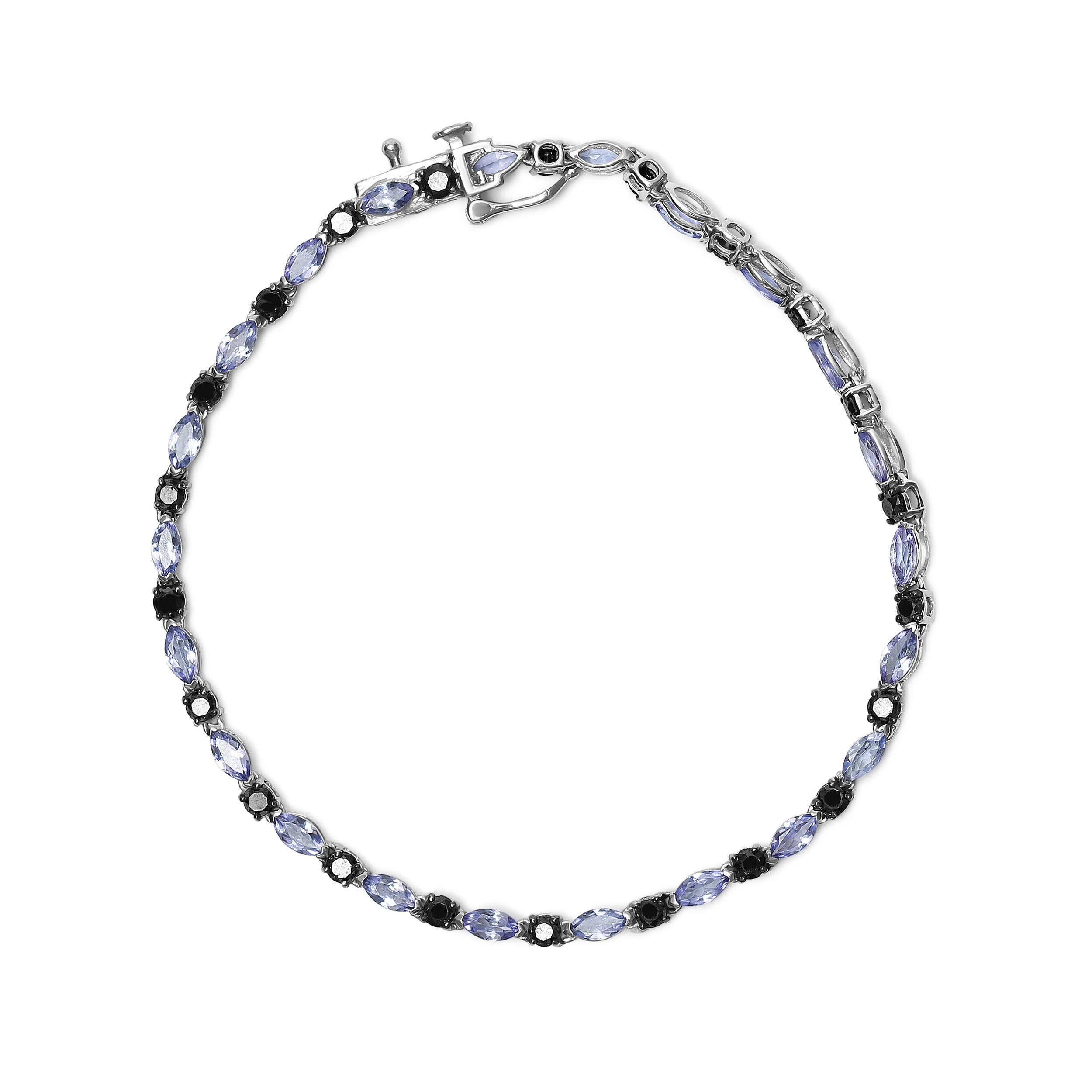 Modern .925 Sterling Silver 1 1/2 Carat Black Diamond and Blue Tanzanite Link Bracelet