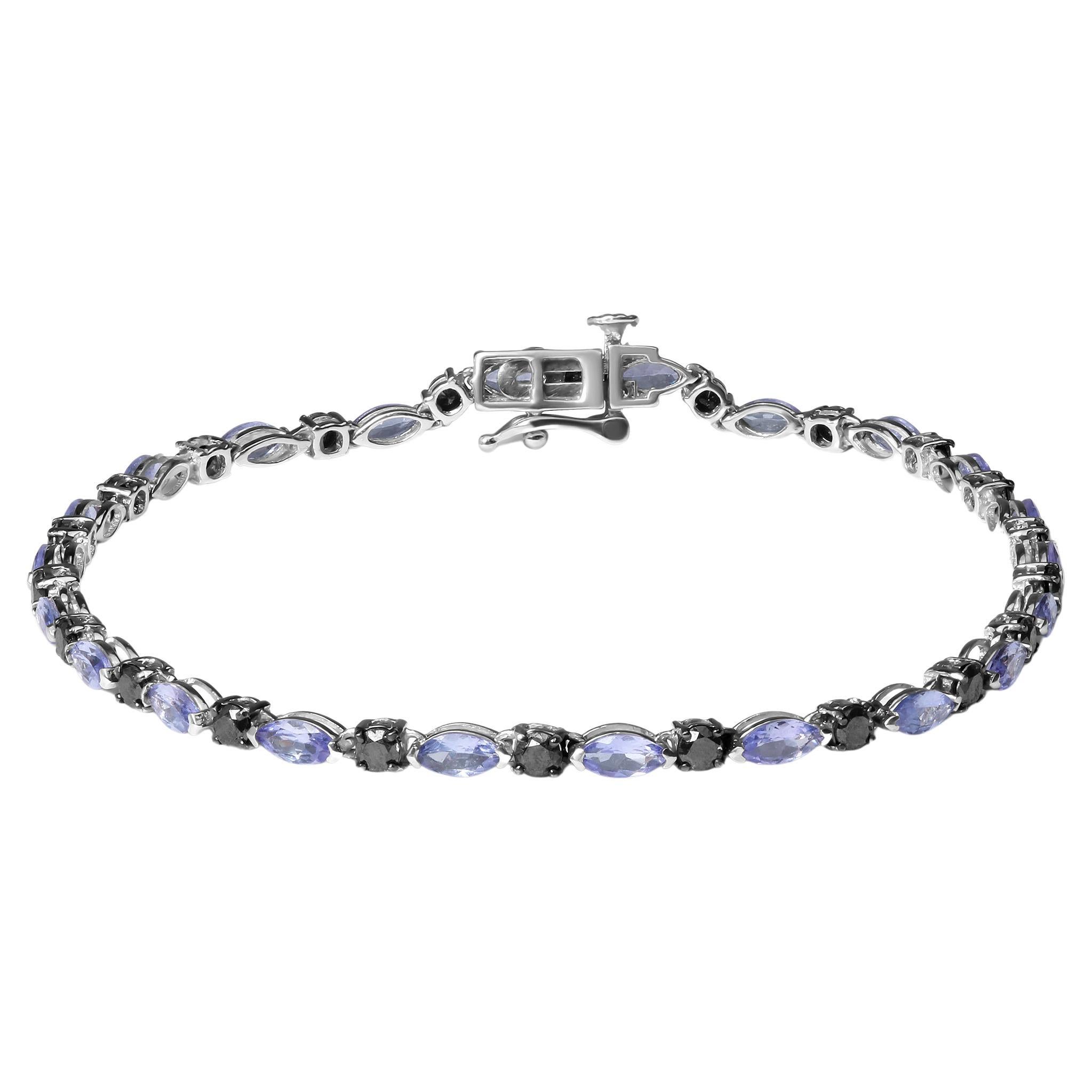 .925 Sterling Silver 1 1/2 Carat Black Diamond and Blue Tanzanite Link Bracelet