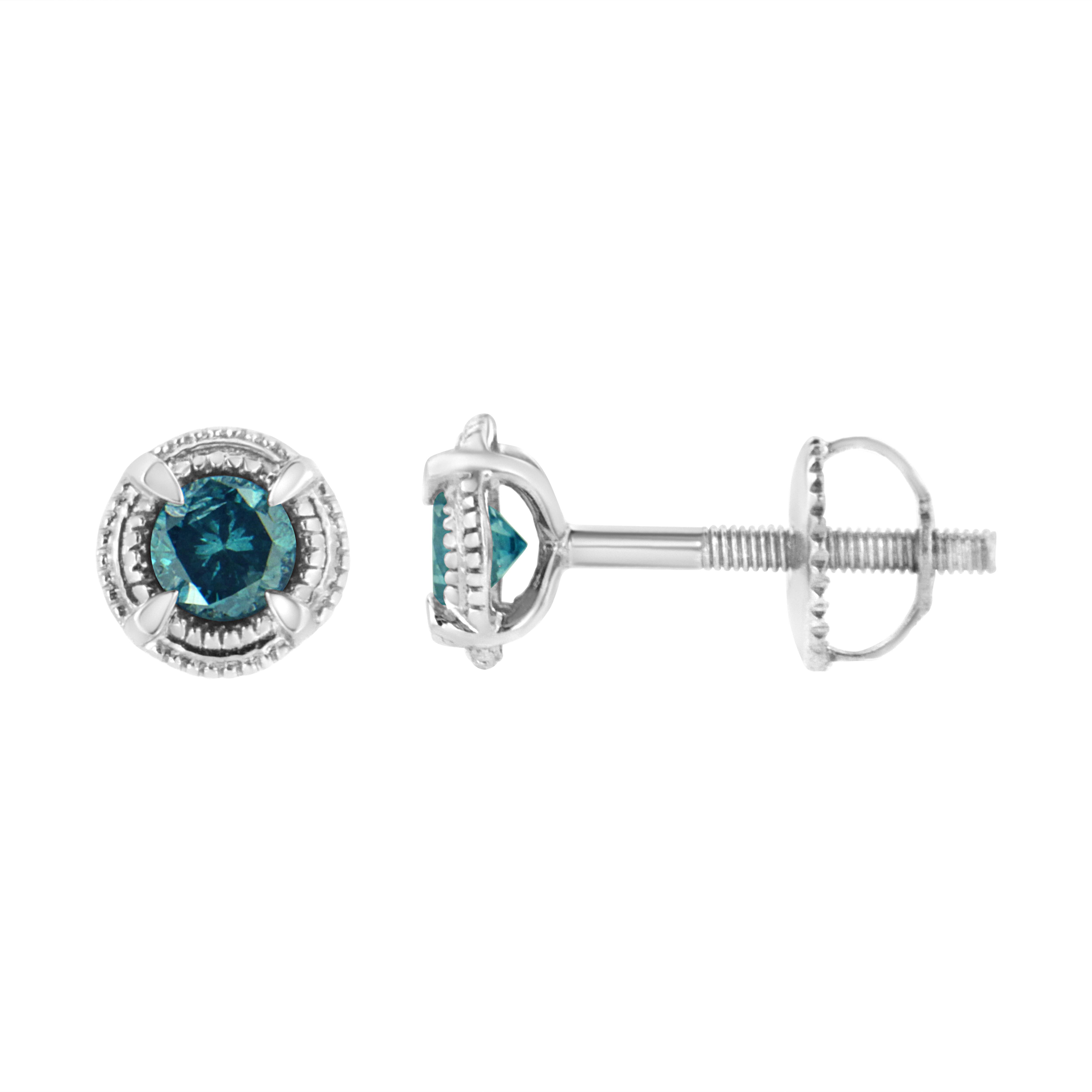 A modern classic, these gorgeous rhodium plated 92.5% sterling silver stud earrings feature round shape diamonds for a 1 1/2 carat total weight - how much impact would you like? These sparkling solitaire style diamonds are come with treated blue
