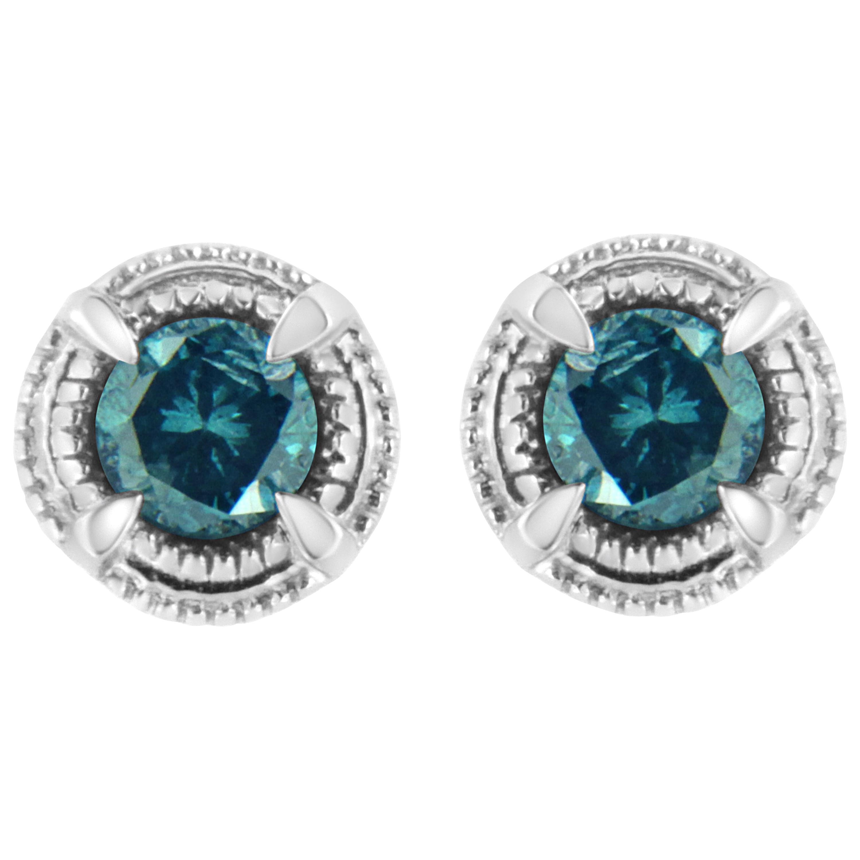 .925 Sterling Silver 1 1/2 Carat Blue Diamond Solitaire Stud Earrings For Sale