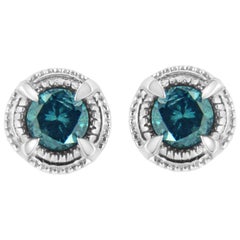 Used .925 Sterling Silver 1 1/2 Carat Blue Diamond Solitaire Stud Earrings