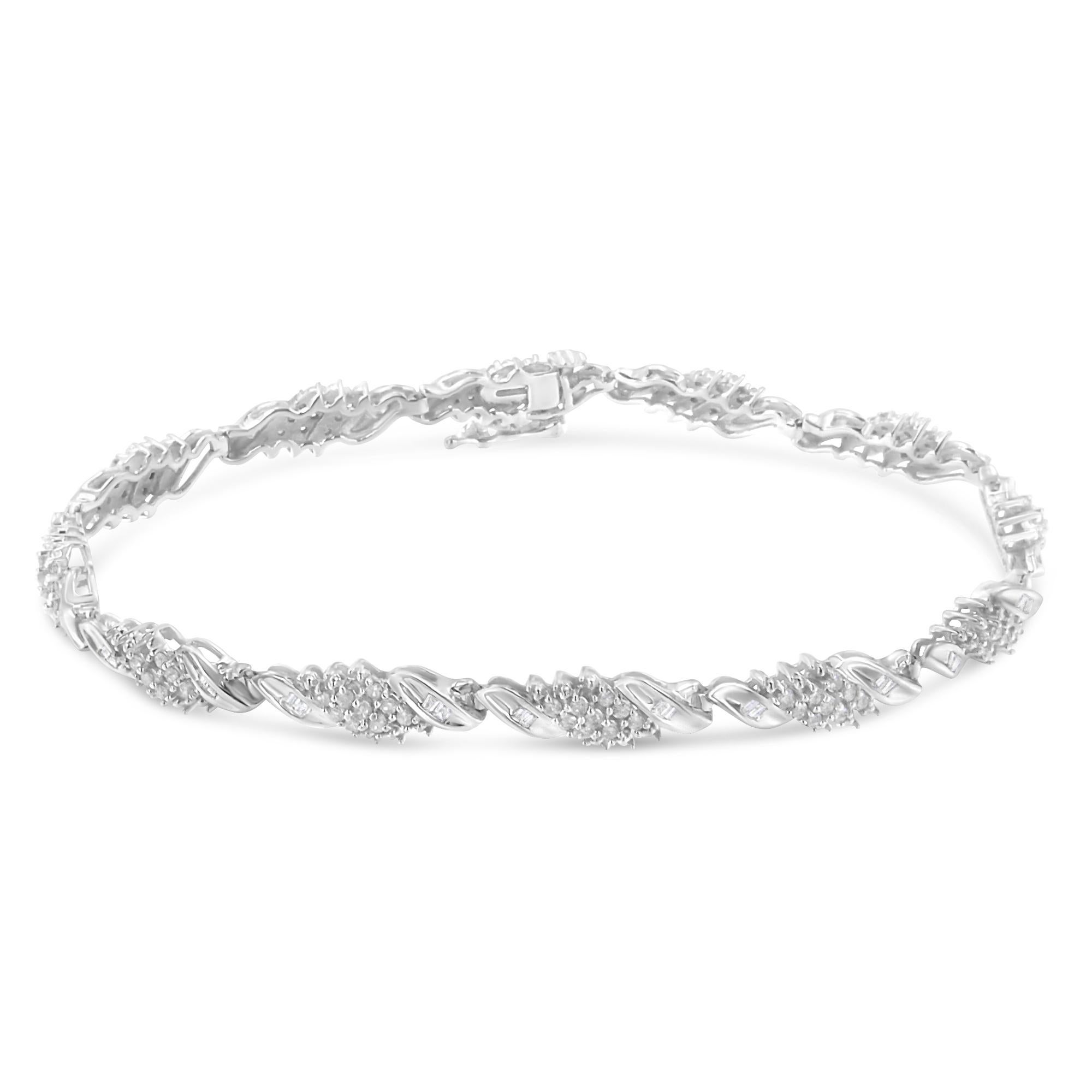 Add some sparkle to your wrist with this fabulous link bracelet. Crafted in cool sterling silver, this bracelet showcases 1 1/2 carat TDW of diamonds. Each link is created by three diagonal rows of round diamonds and flanked by two silver ribbons
