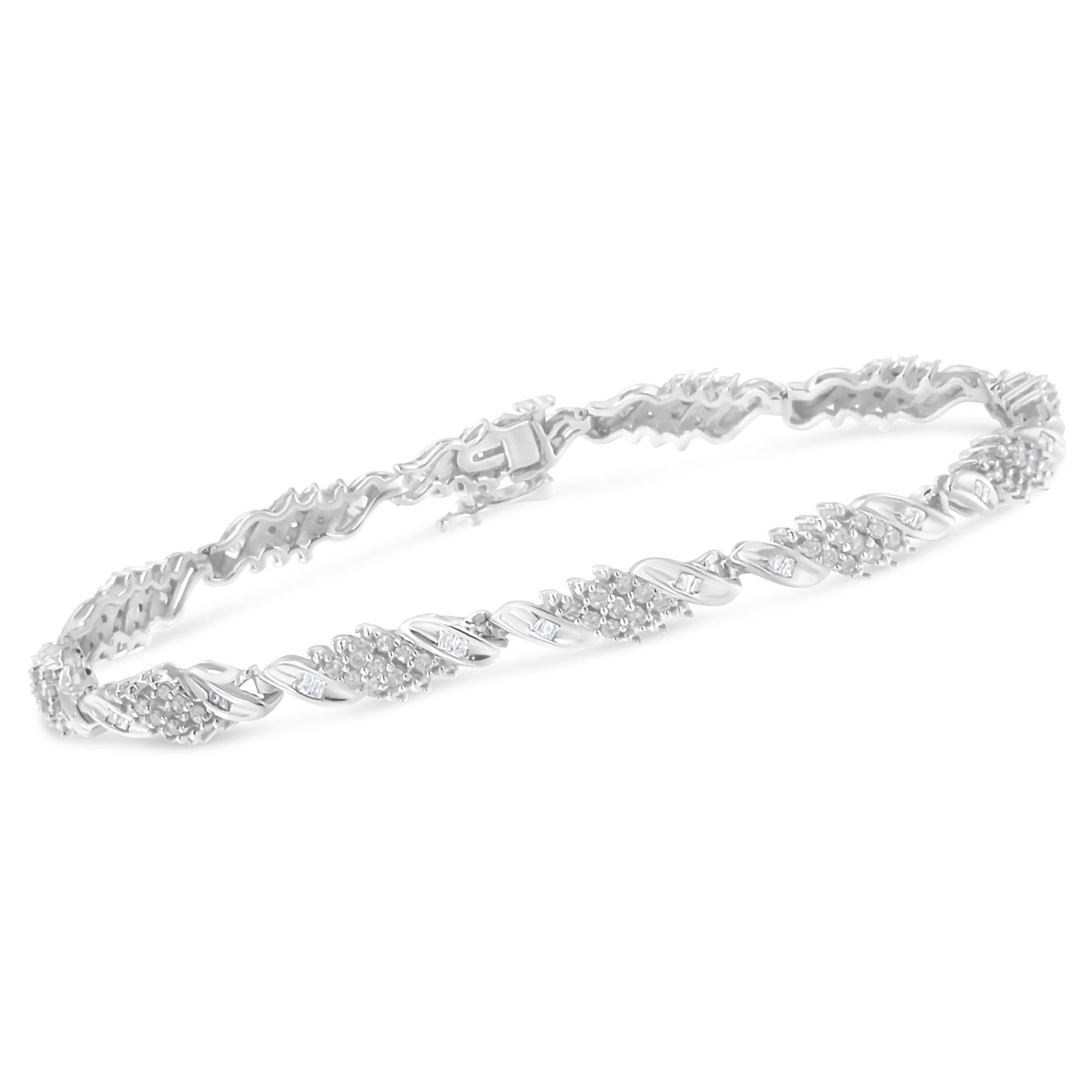 Contemporary .925 Sterling Silver 1 1/2 Carat Pave and Channel-Set Diamond Link Bracelet For Sale