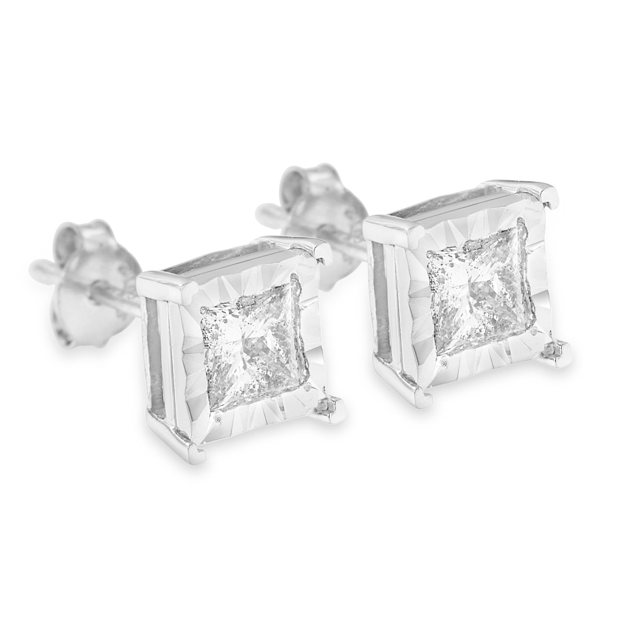 Princess Cut .925 Sterling Silver 1 1/4 Carat Diamond Solitaire Stud Earrings For Sale