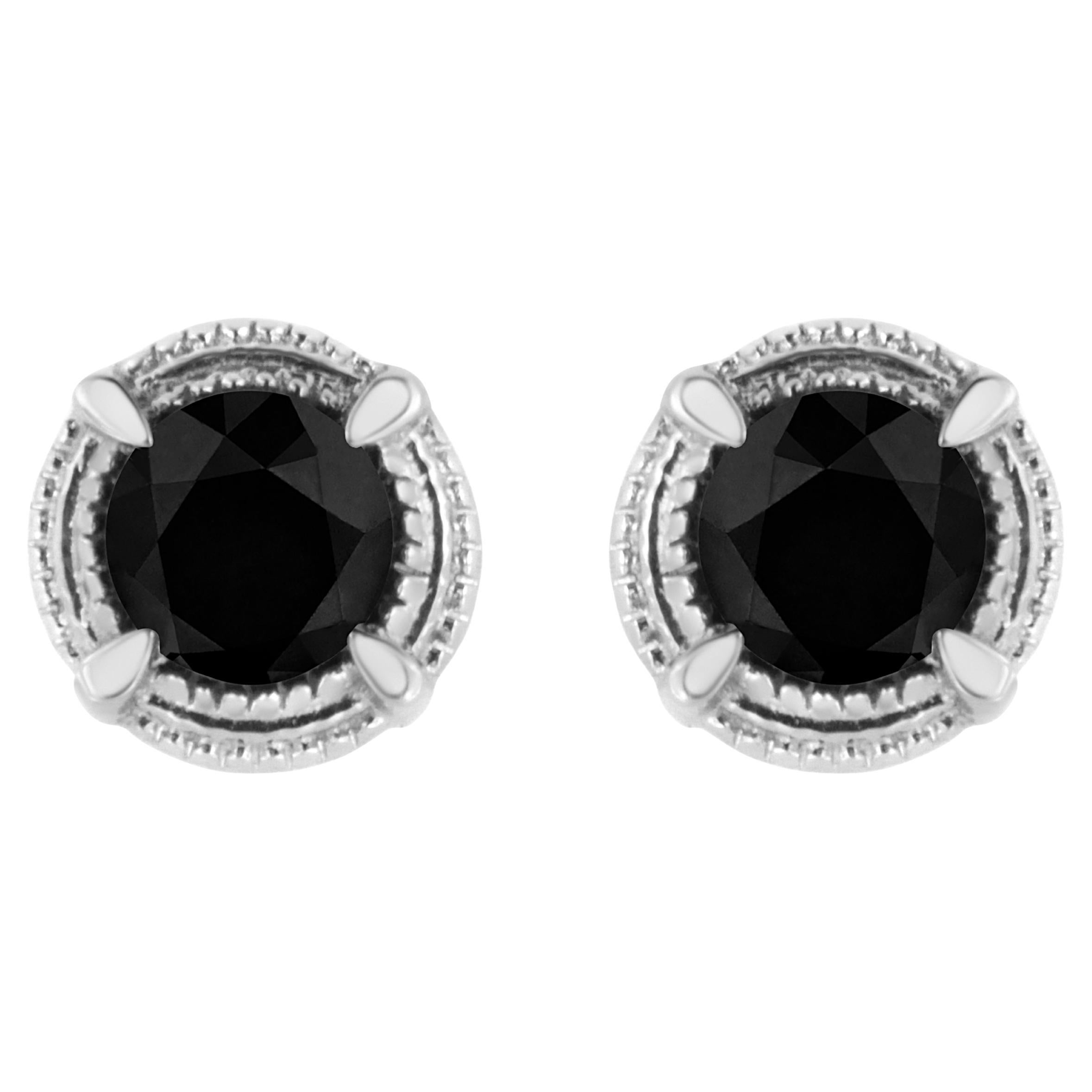 .925 Sterling Silver 1 1/4 Carat Treated Black Diamond Milgrain Stud Earrings