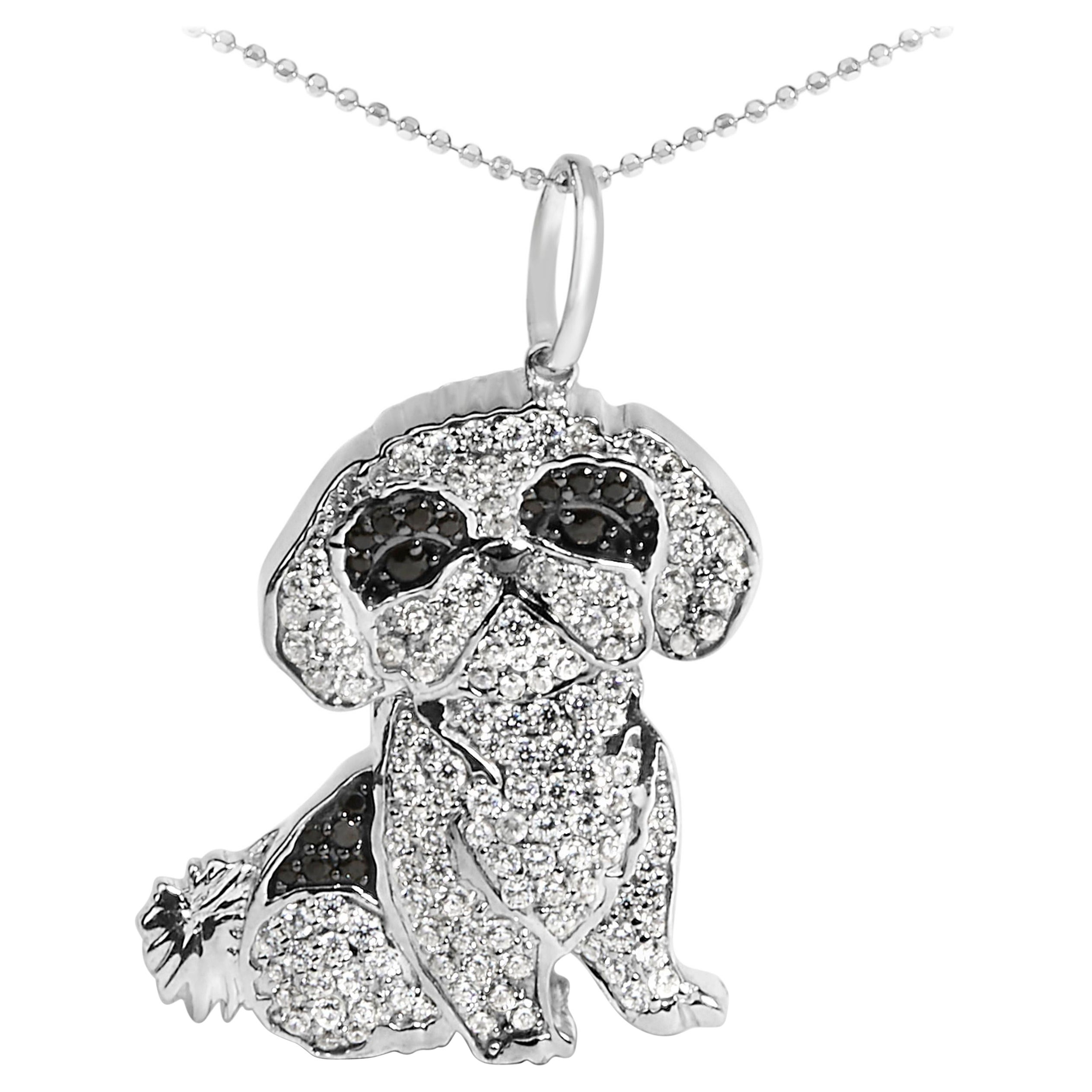 .925 Sterling Silver 1 1/4 Cttw Diamond Shih Tzu Dog Pendant Necklace