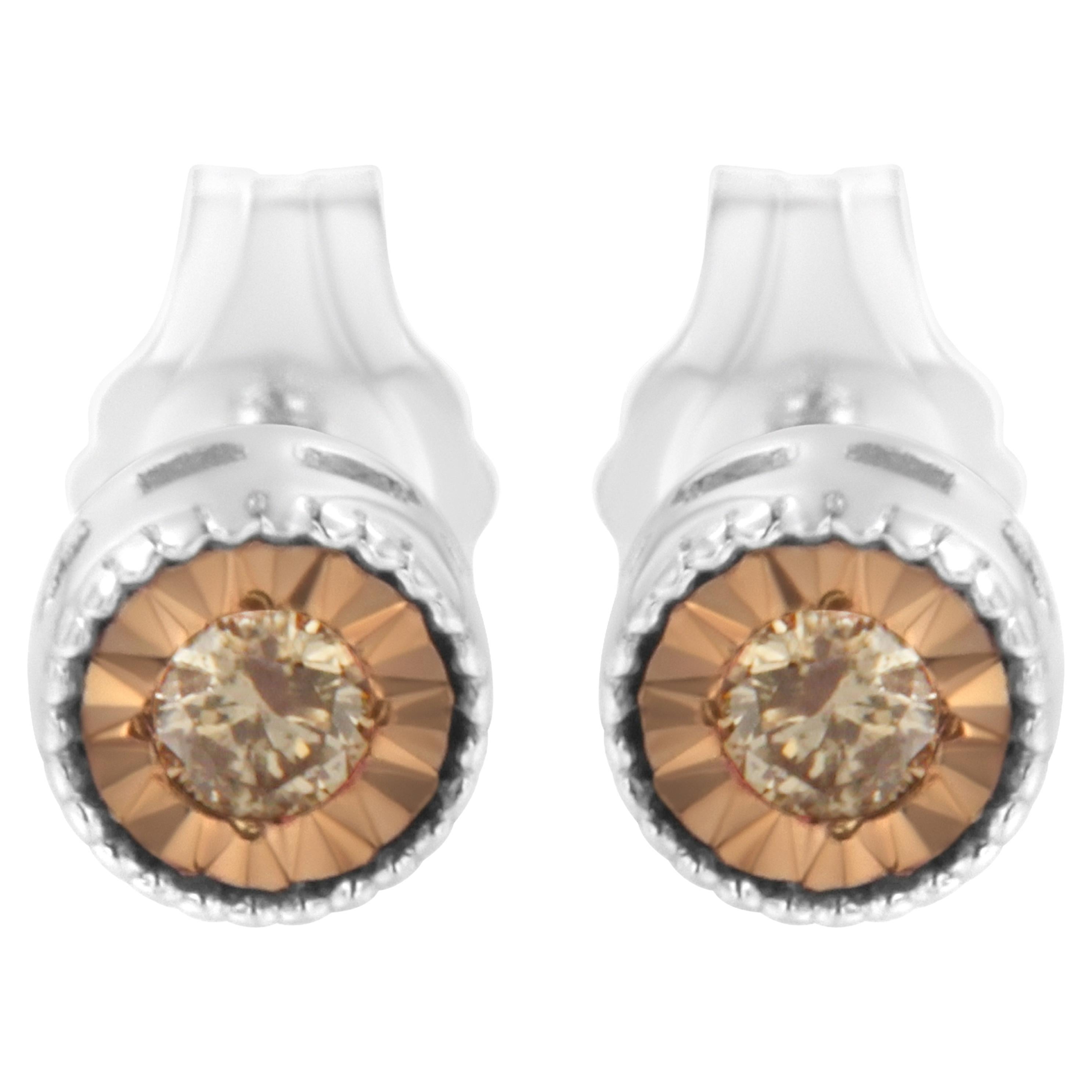 925 STERLING SILVER CHAMPAGNE STUD EARRINGS W/ 5 CT CHAMPAGNE DIAMOND/8MM 