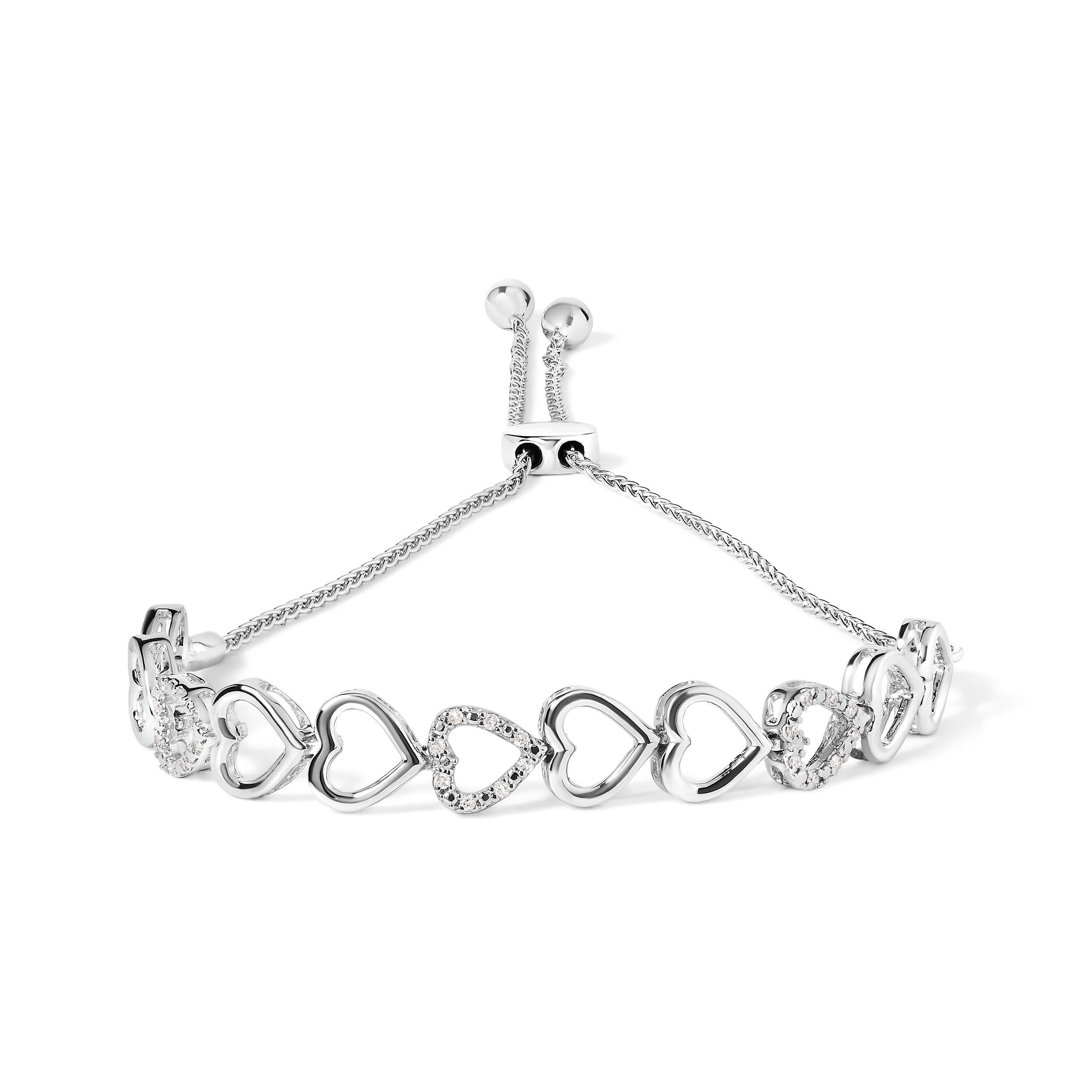 .925 Sterling Silver 1/10 Carat Diamond Heart Link Bolo Bracelet