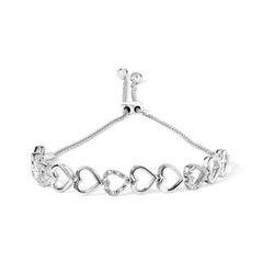 .925 Sterling Silver 1/10 Carat Diamond Heart Link Bolo Bracelet